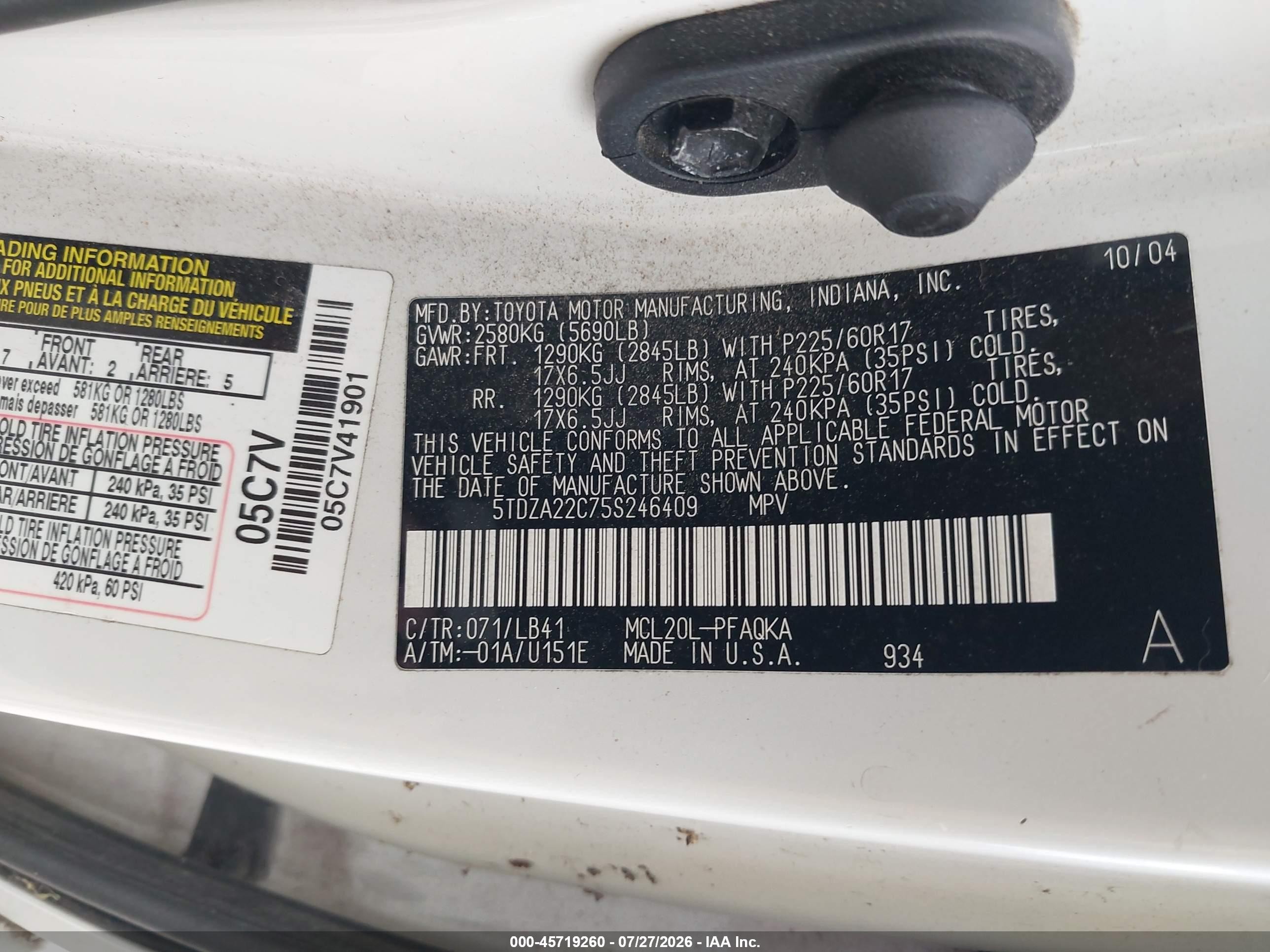 2005 Toyota Sienna Xle Limited White vin: 5TDZA22C75S246409