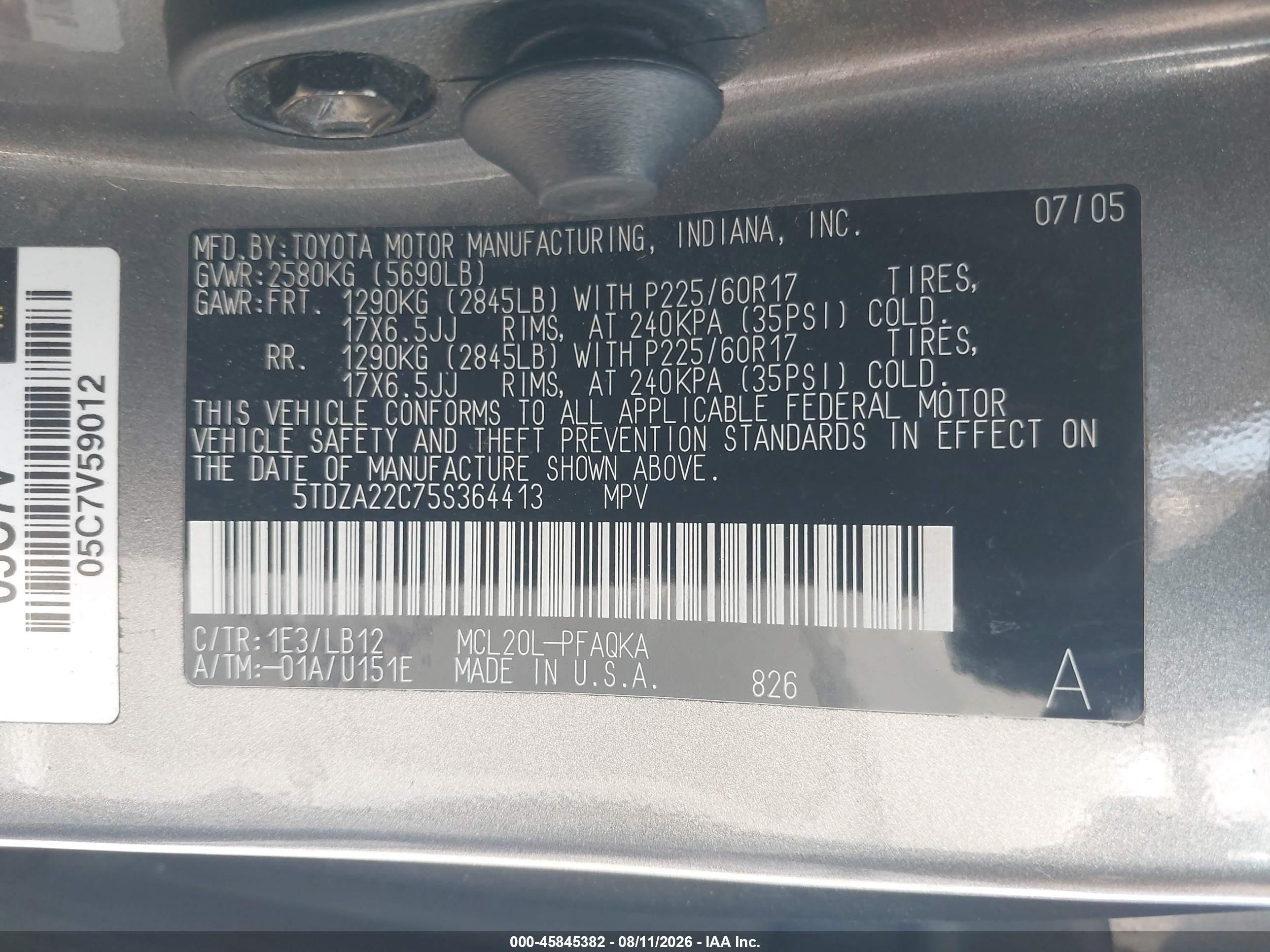2005 Toyota Sienna Xle Gray vin: 5TDZA22C75S364413