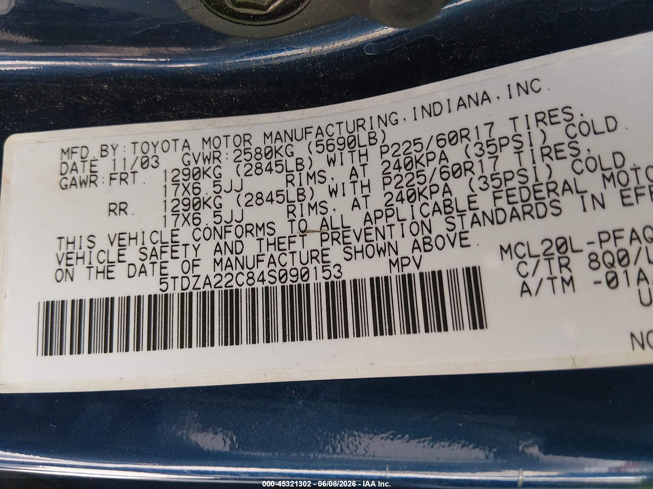 2004 Toyota Sienna Xle Синий vin: 5TDZA22C84S090153