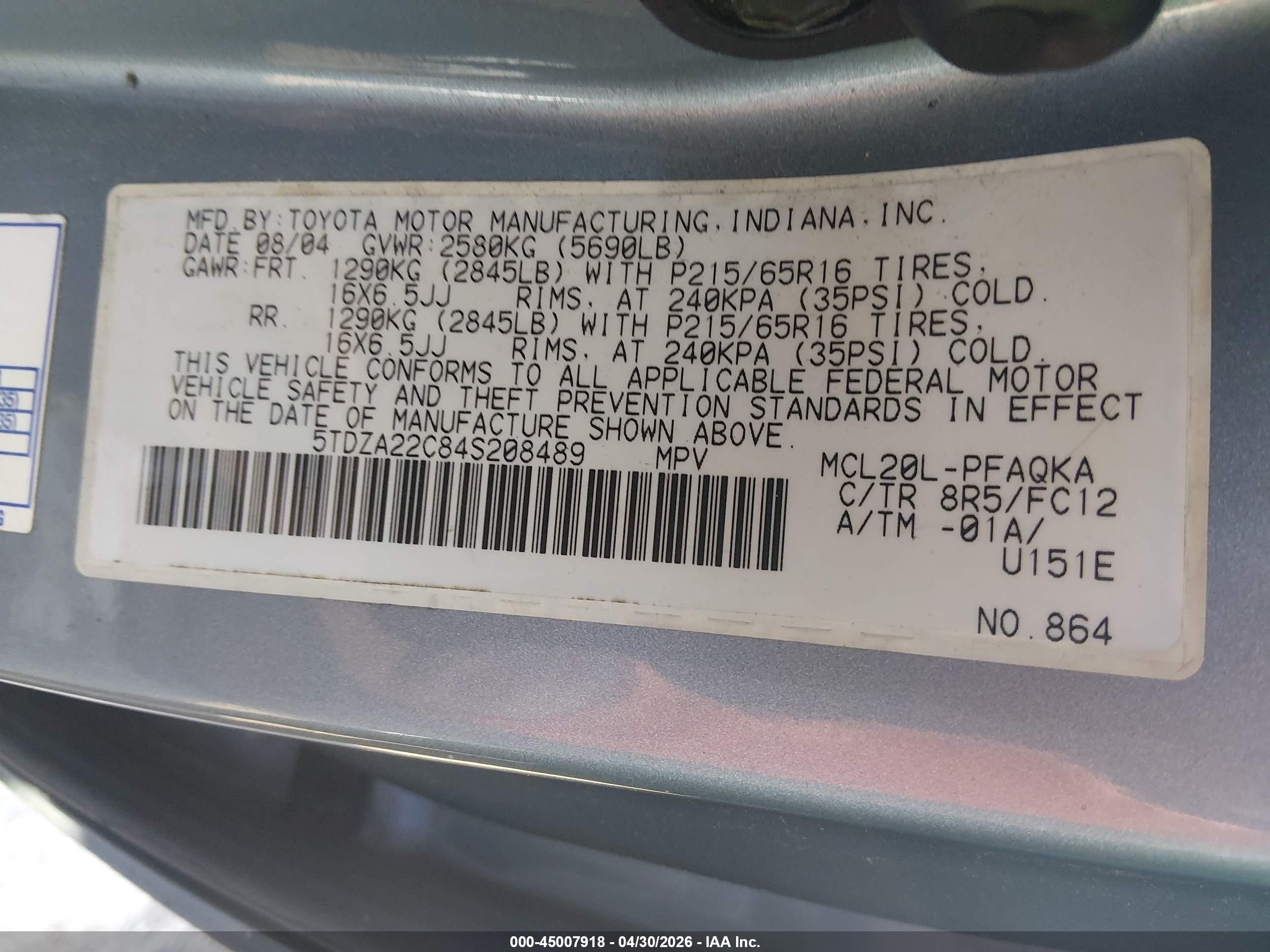 2004 Toyota Sienna Xle/xle Limited Blue vin: 5TDZA22C84S208489