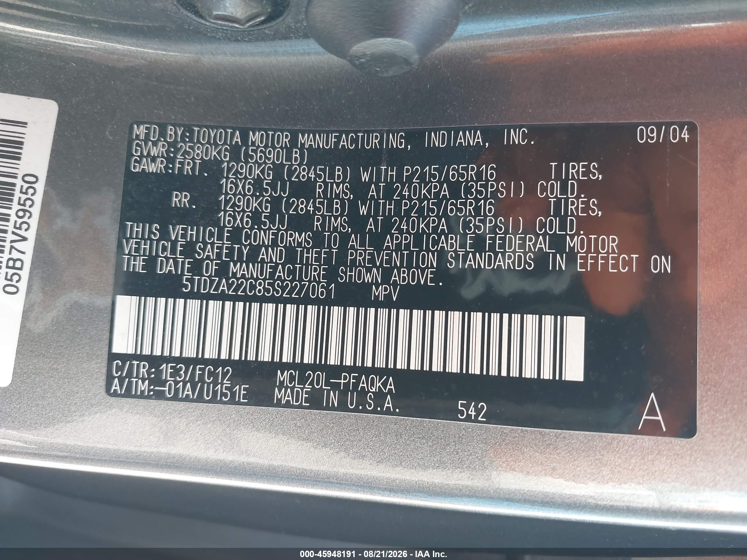 2005 Toyota Sienna Xle Gray vin: 5TDZA22C85S227061