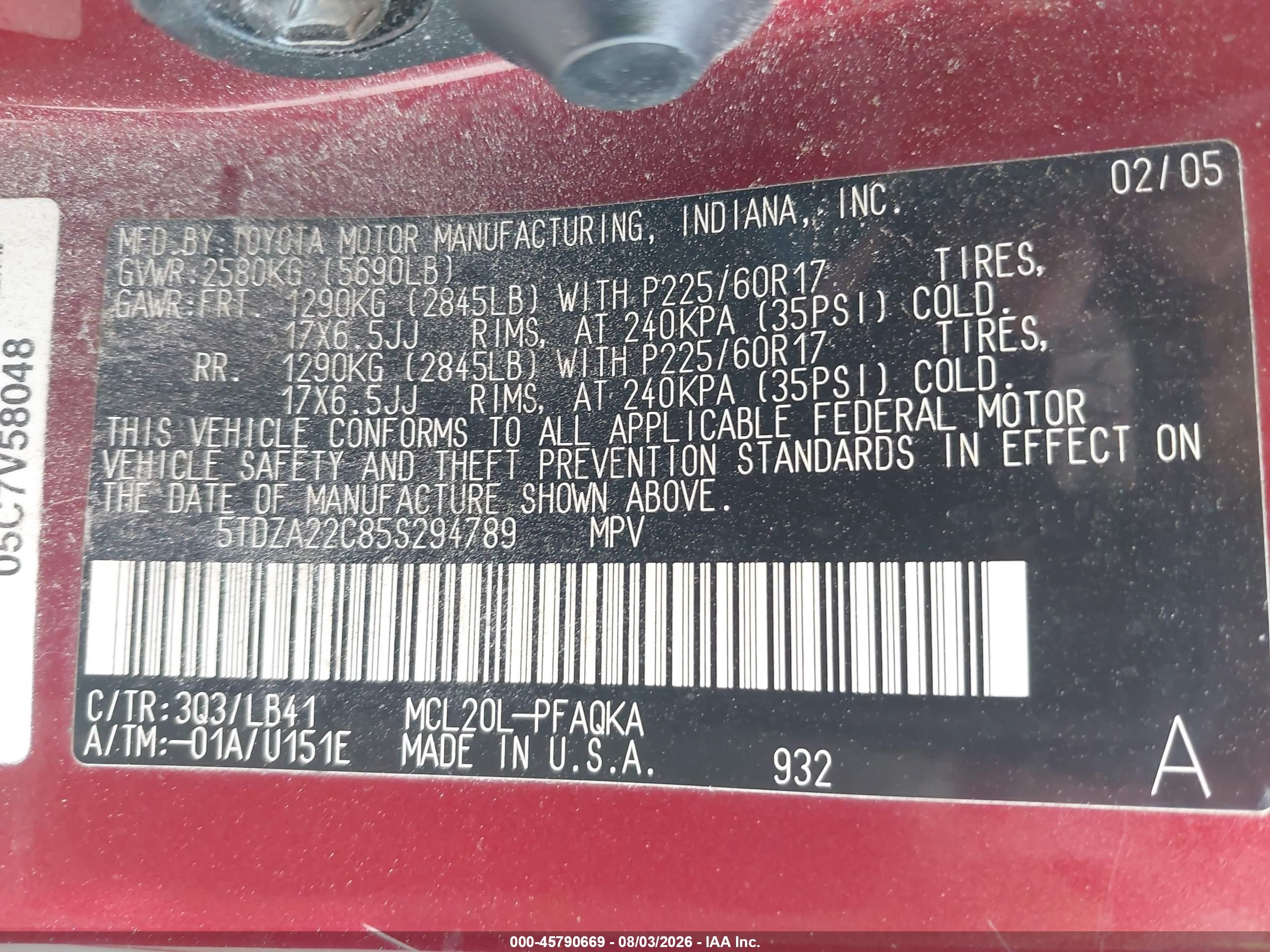 2005 Toyota Sienna Xle Limited Red vin: 5TDZA22C85S294789
