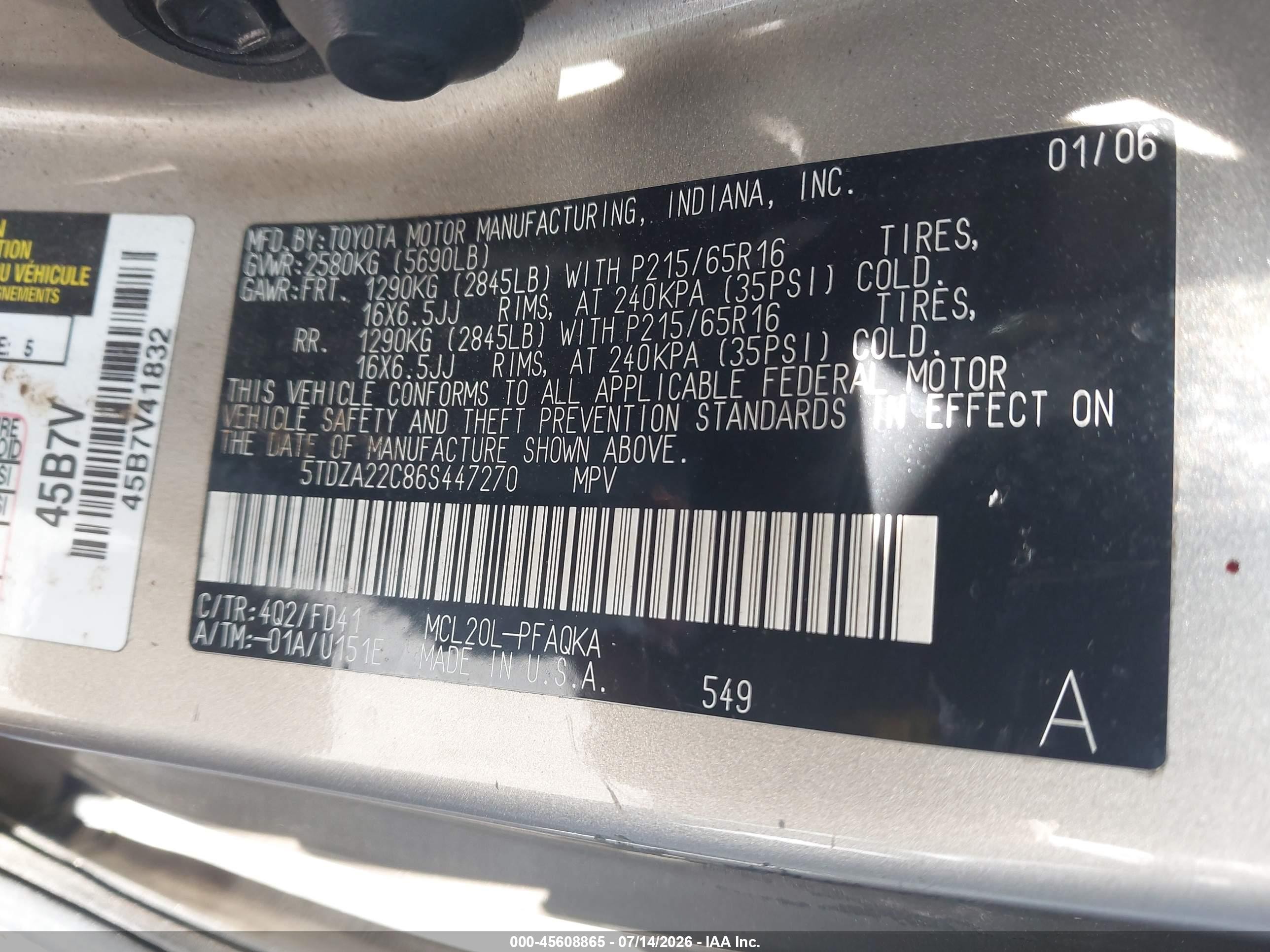 2006 Toyota Sienna Xle Gold vin: 5TDZA22C86S447270