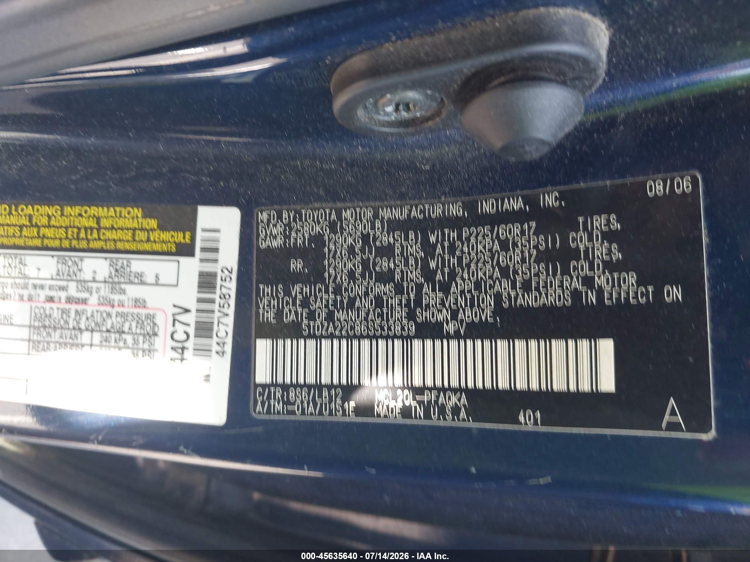 2006 Toyota Sienna Xle Blue vin: 5TDZA22C86S533839