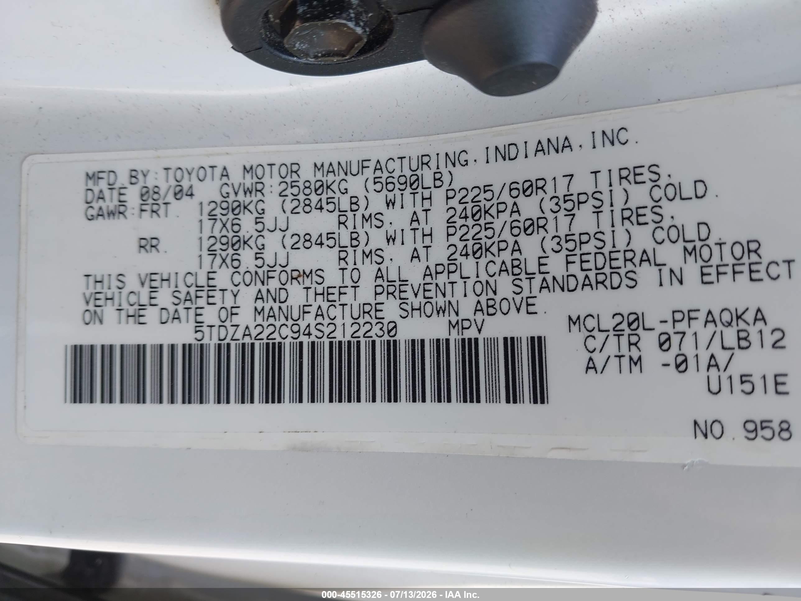 2004 Toyota Sienna Xle White vin: 5TDZA22C94S212230