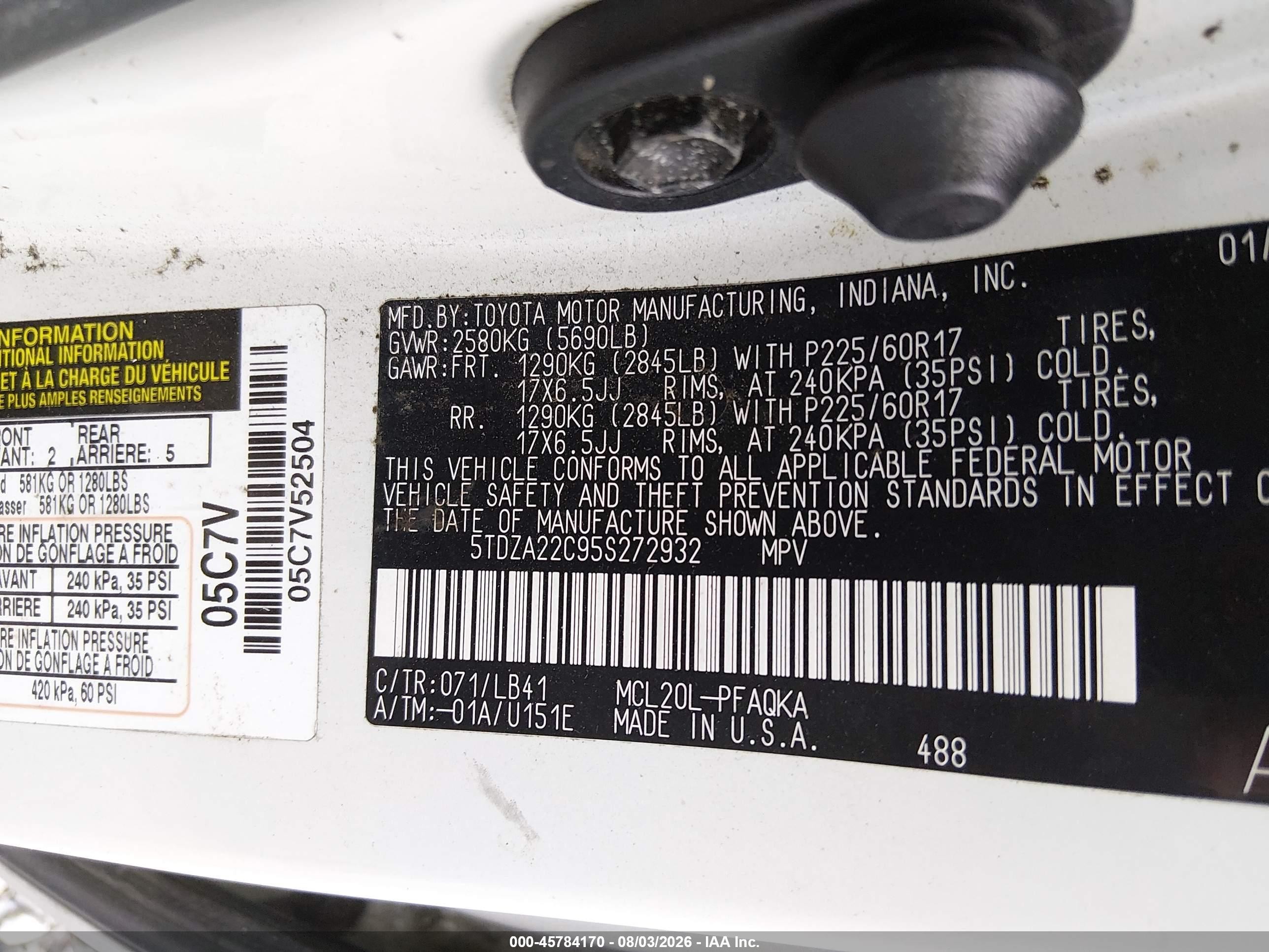 2005 Toyota Sienna Xle Белый vin: 5TDZA22C95S272932