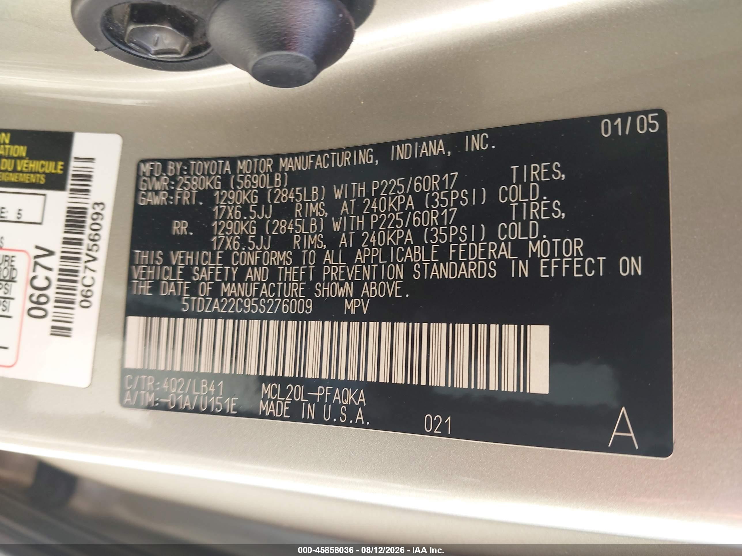 2005 Toyota Sienna Xle Gold vin: 5TDZA22C95S276009