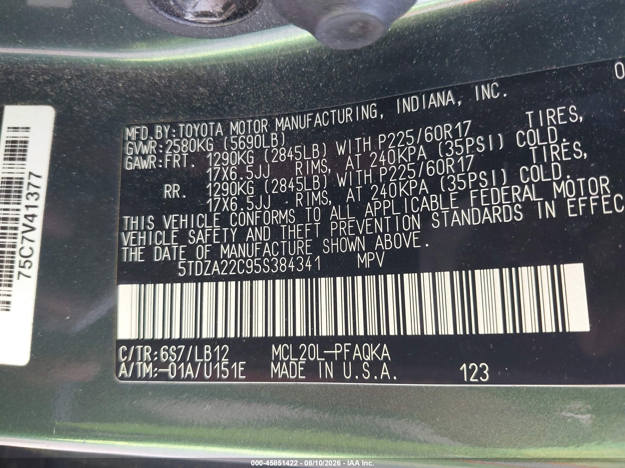 2005 Toyota Sienna Xle Green vin: 5TDZA22C95S384341