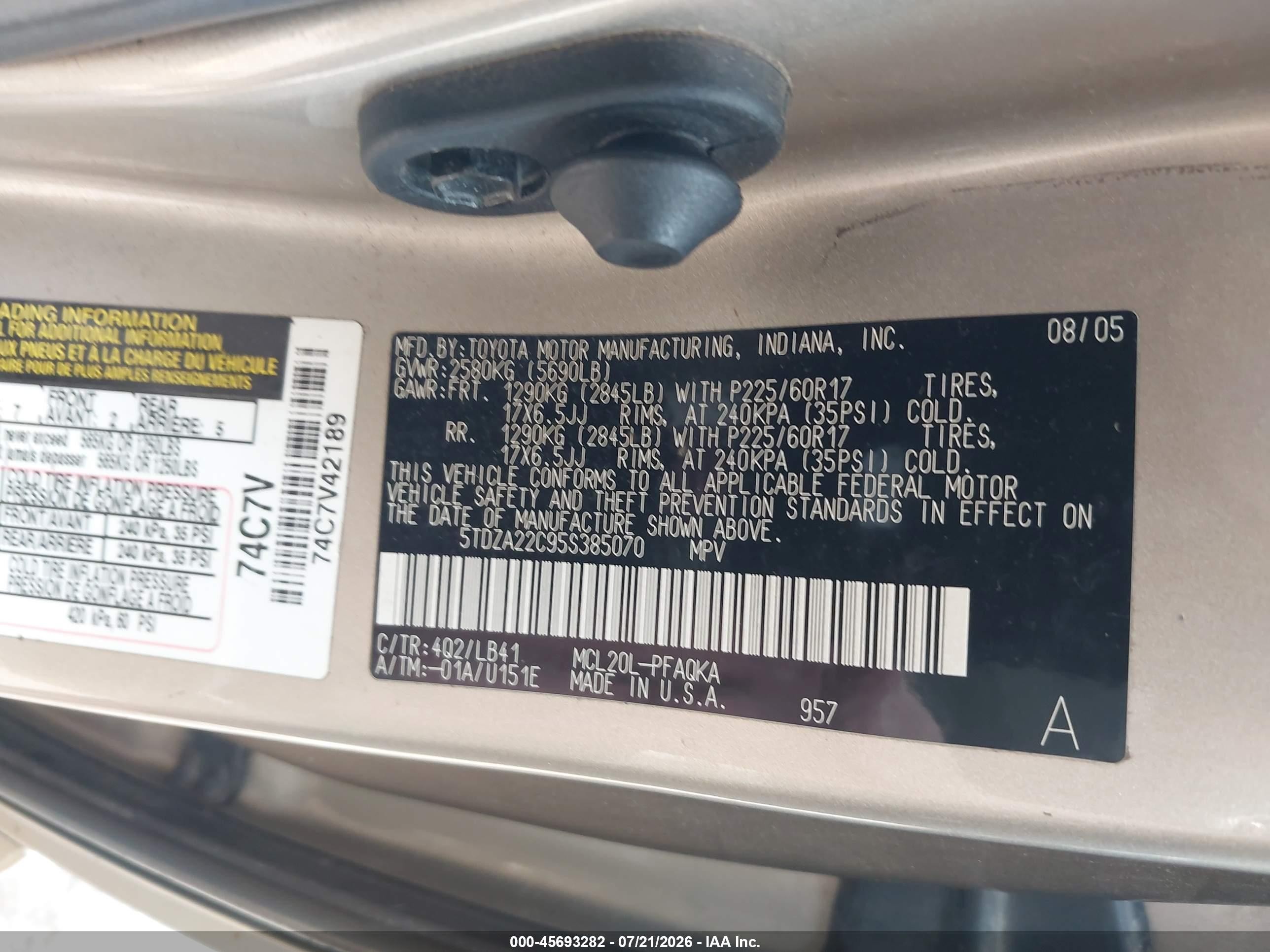2005 Toyota Sienna Xle Gold vin: 5TDZA22C95S385070