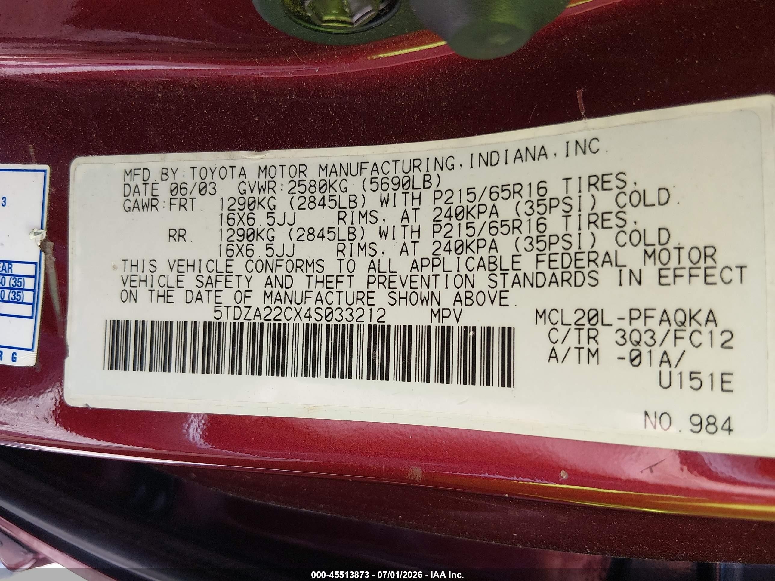 2004 Toyota Sienna Xle Burgundy vin: 5TDZA22CX4S033212