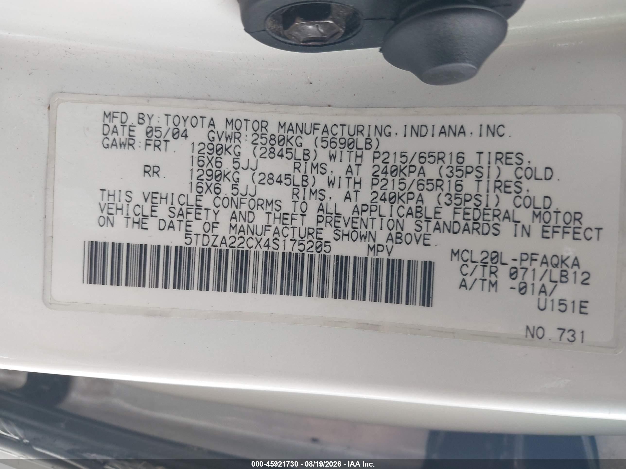 2004 Toyota Sienna Xle White vin: 5TDZA22CX4S175205