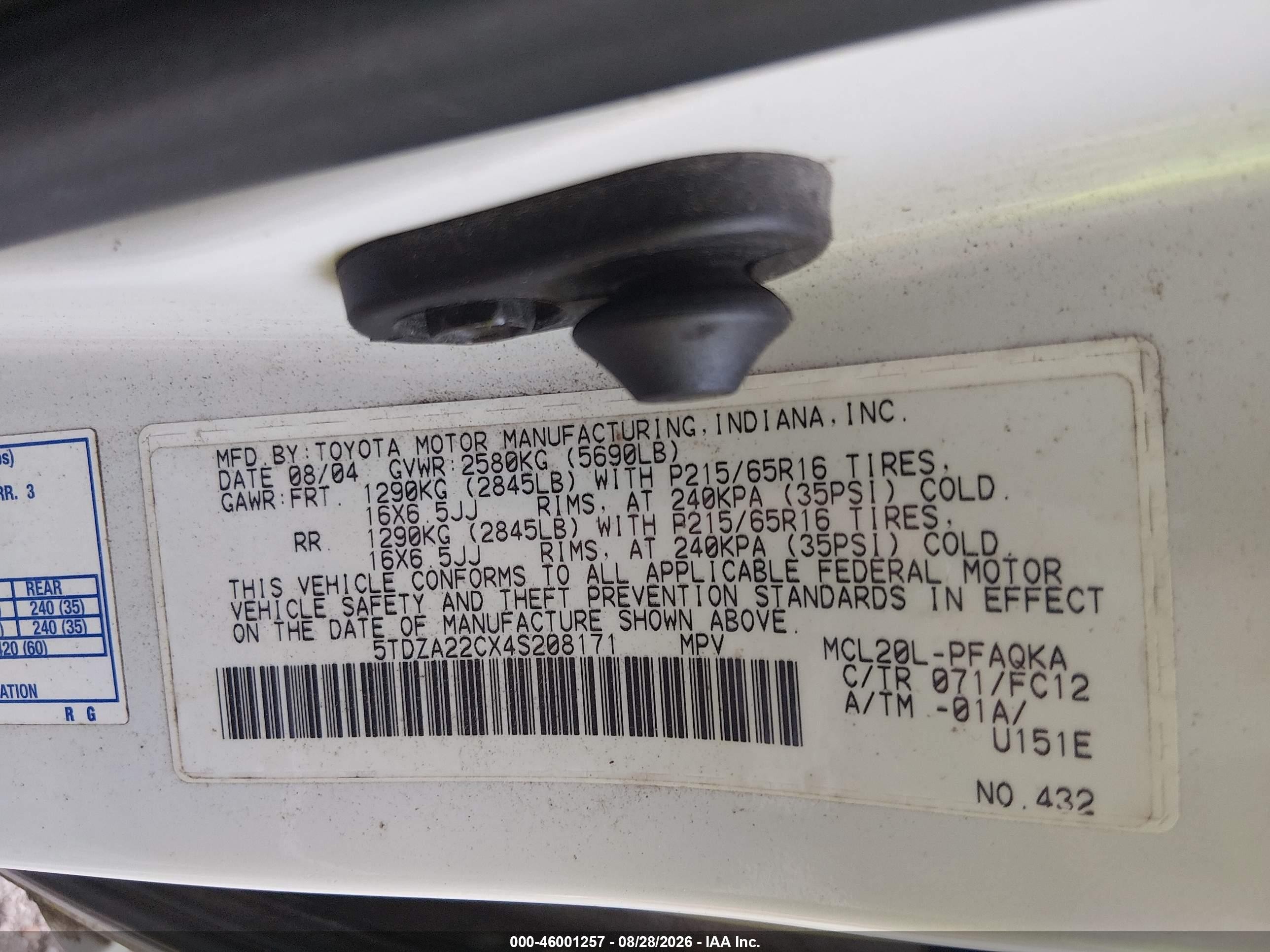 2004 Toyota Sienna Xle White vin: 5TDZA22CX4S208171