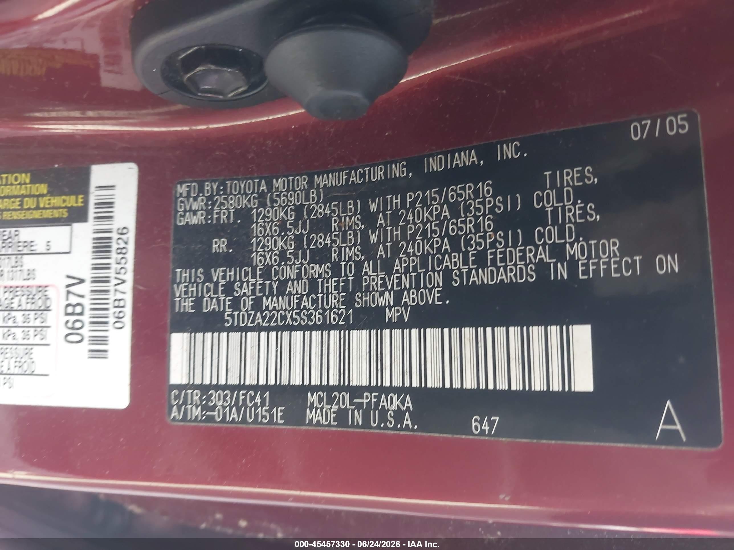 2005 Toyota Sienna Xle Red vin: 5TDZA22CX5S361621