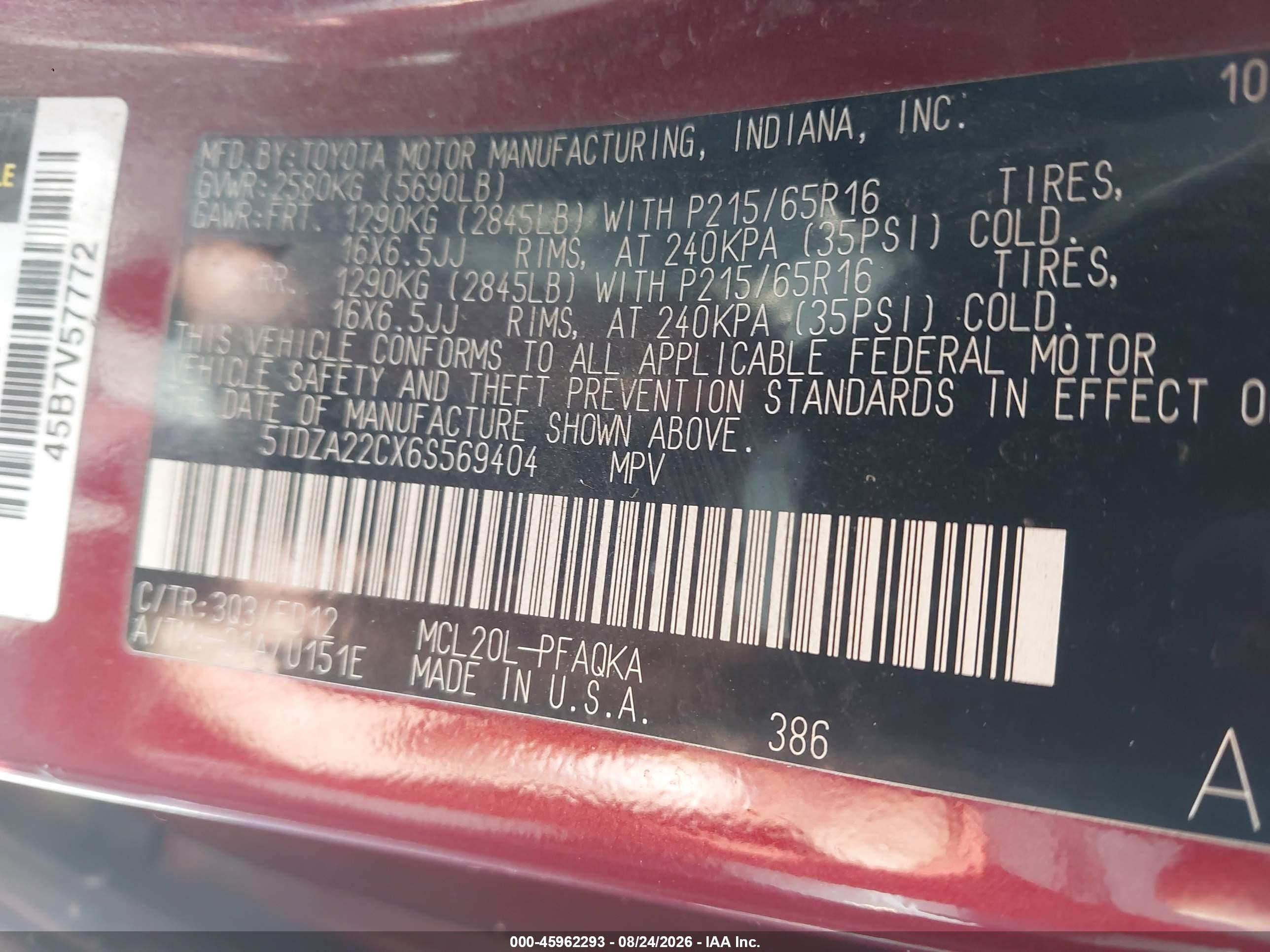2006 Toyota Sienna Xle Burgundy vin: 5TDZA22CX6S569404