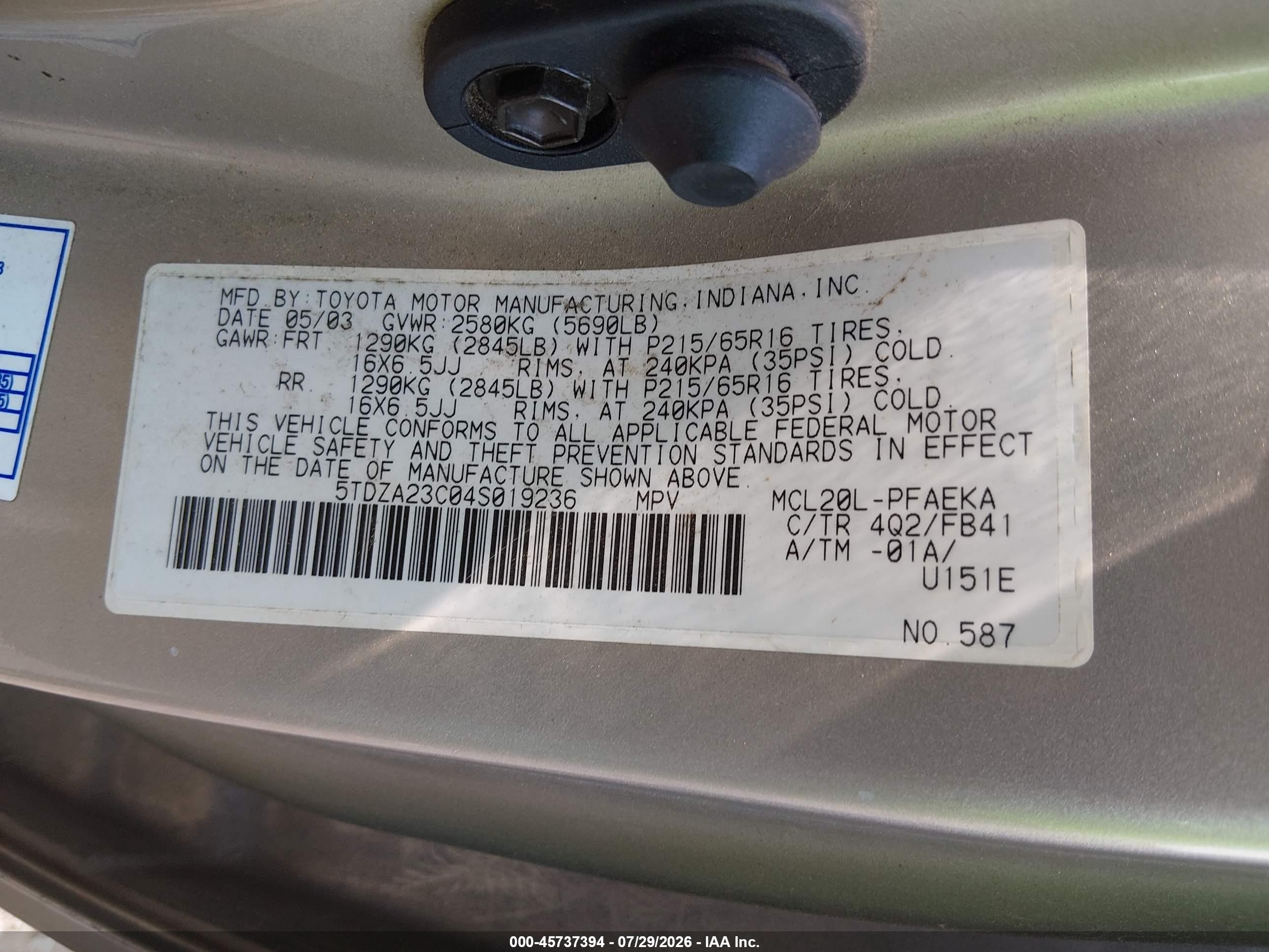 2004 Toyota Sienna Le Gold vin: 5TDZA23C04S019236