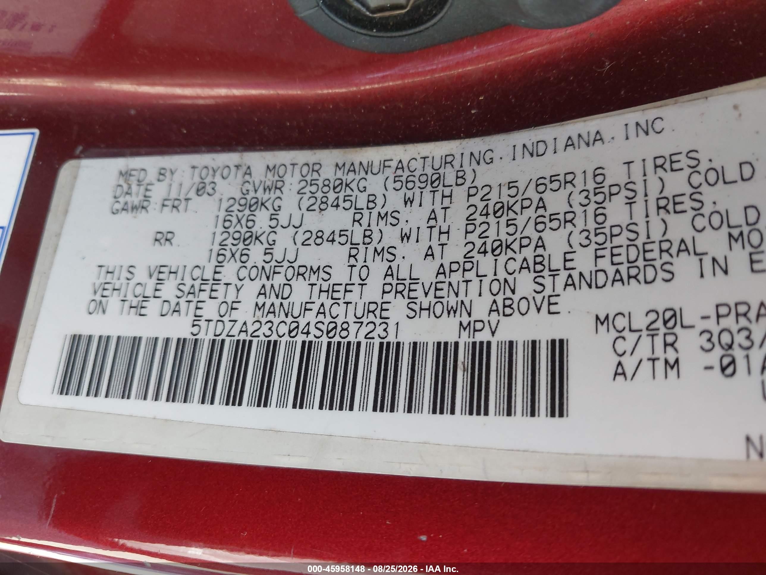 2004 Toyota Sienna Le Maroon vin: 5TDZA23C04S087231