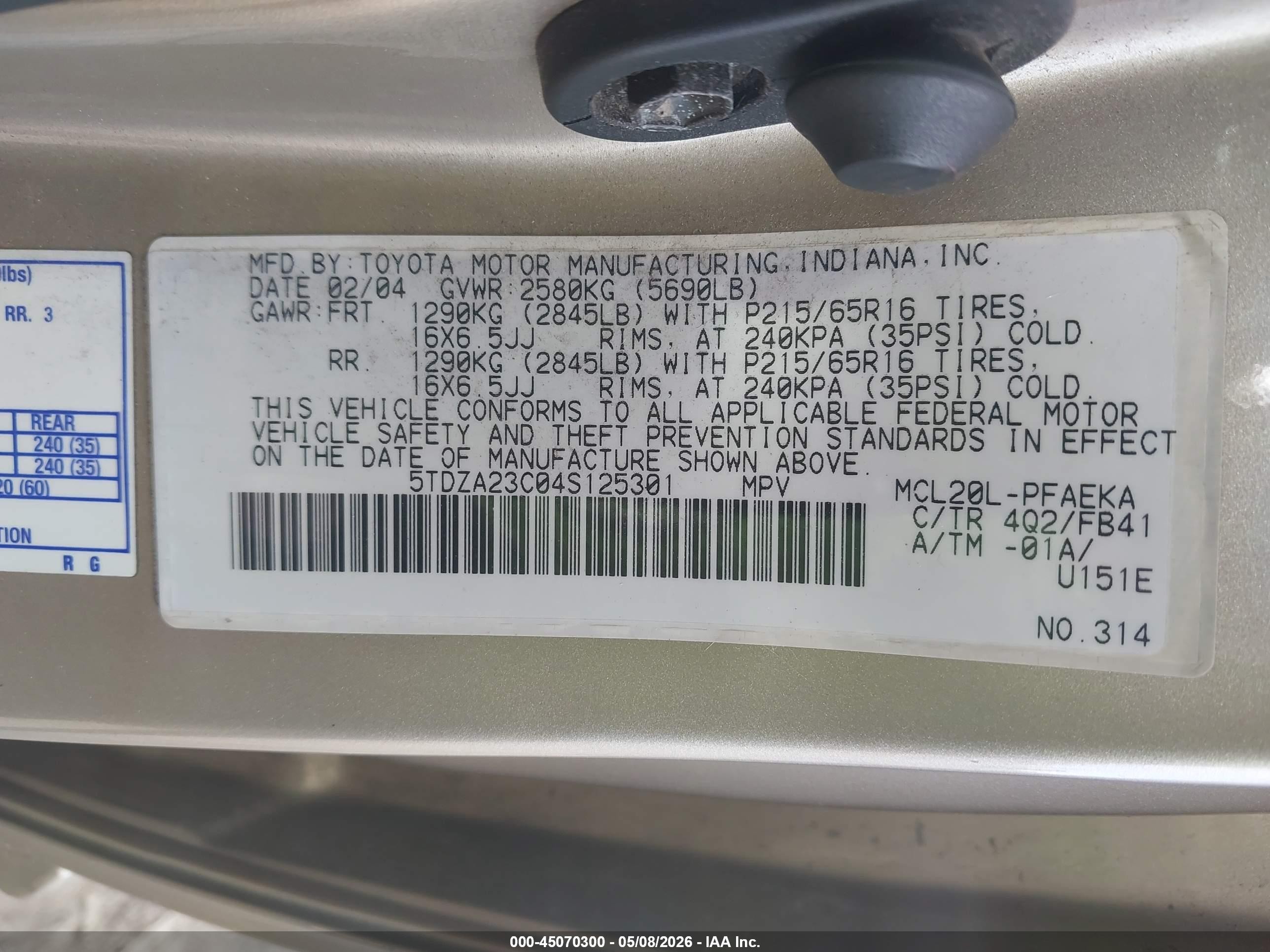 2004 Toyota Sienna Le Бежевый vin: 5TDZA23C04S125301
