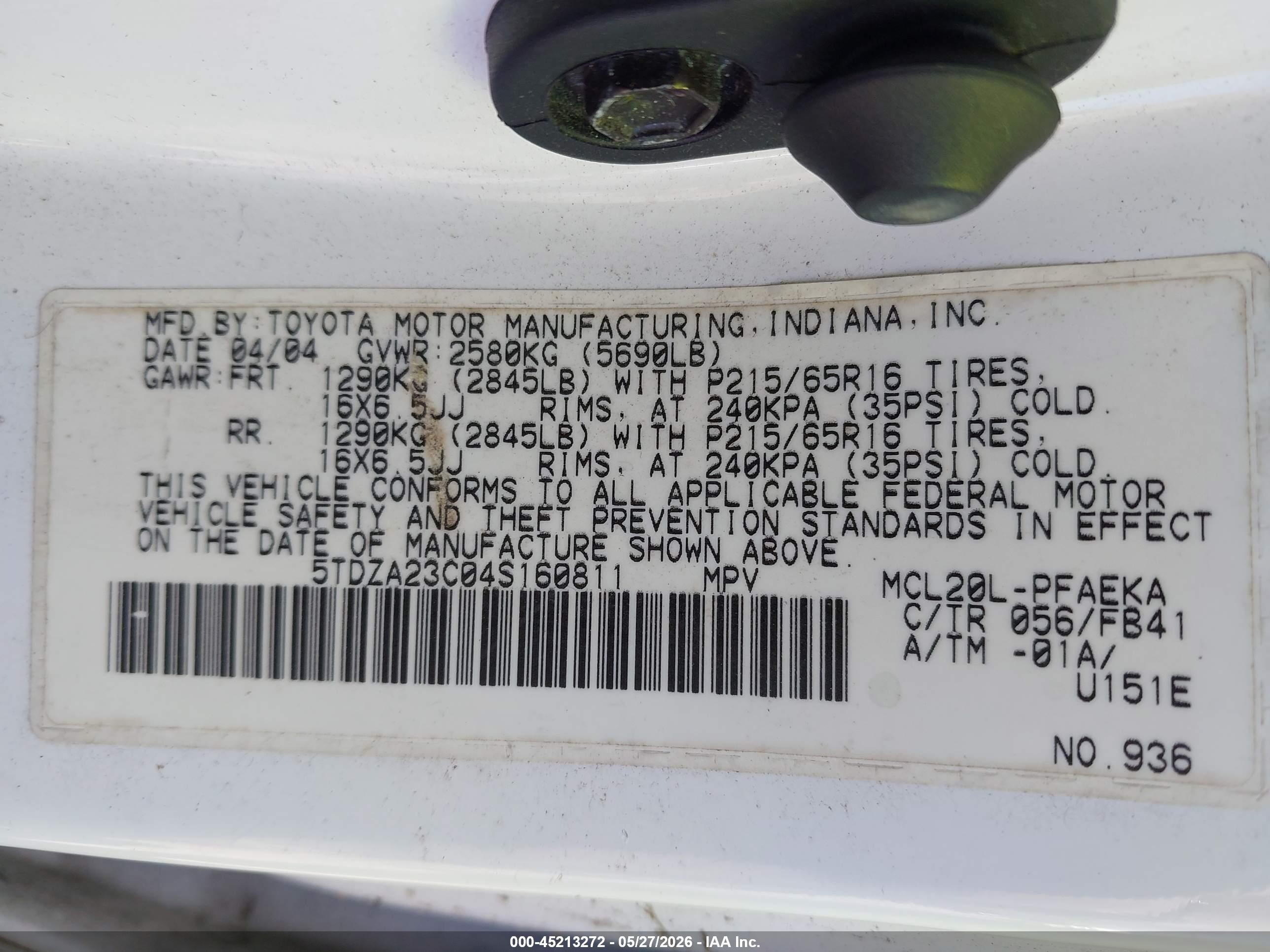 2004 Toyota Sienna Le Белый vin: 5TDZA23C04S160811