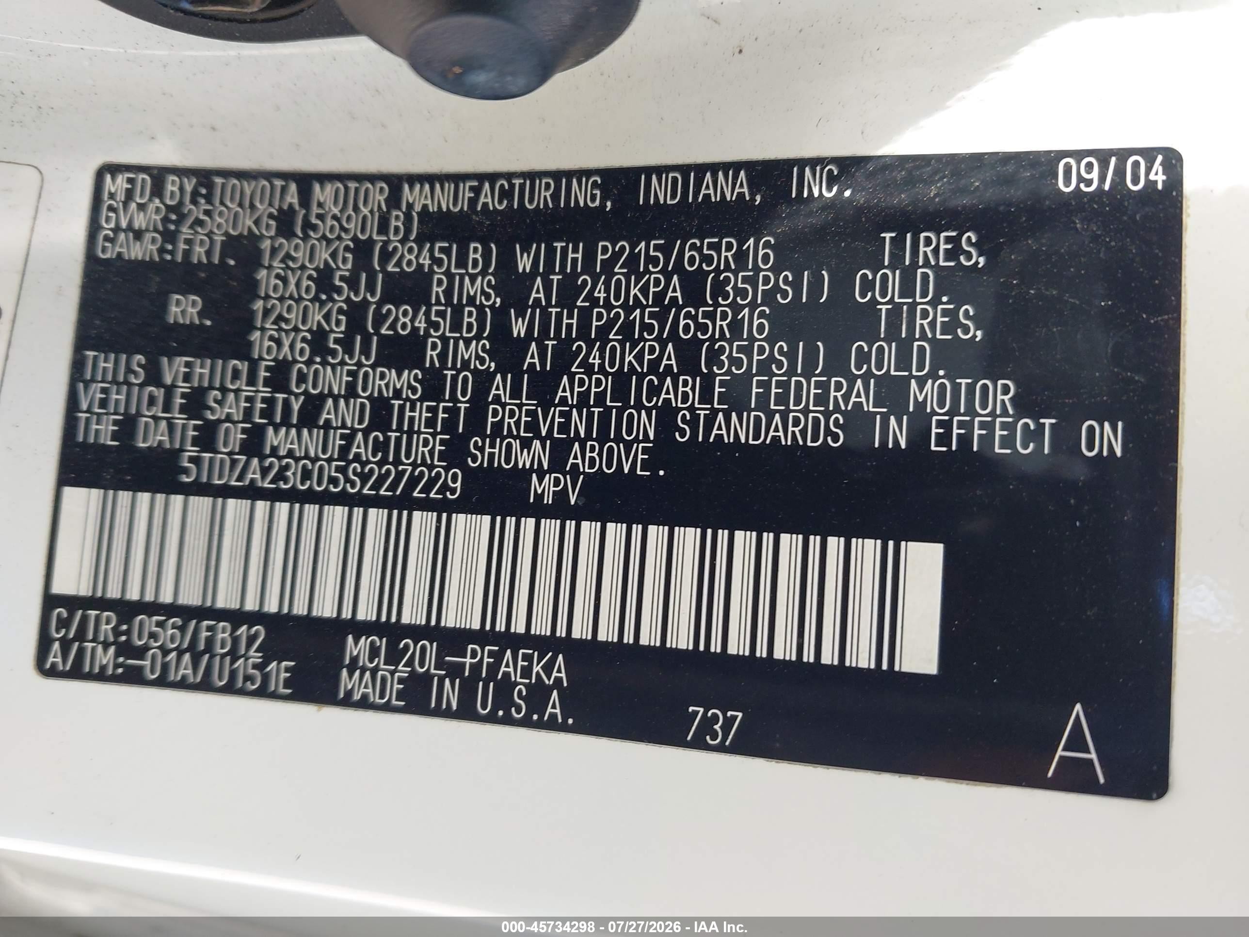 2005 Toyota Sienna Le White vin: 5TDZA23C05S227229