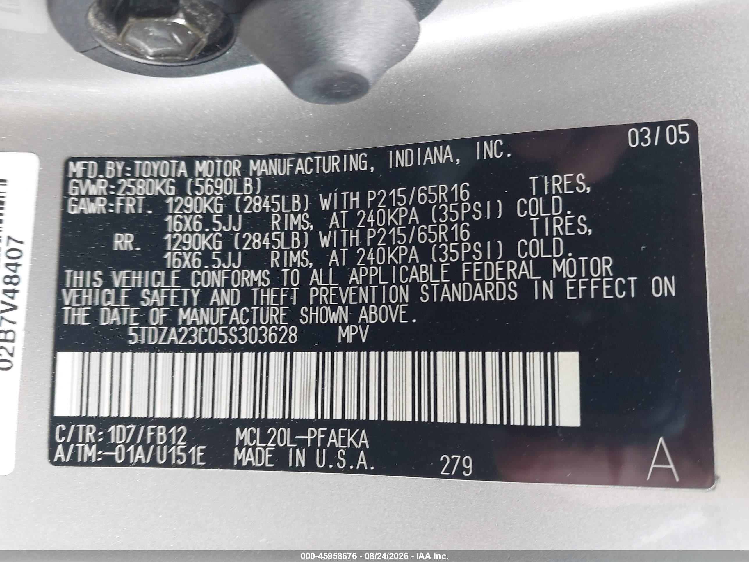 2005 Toyota Sienna Le Silver vin: 5TDZA23C05S303628