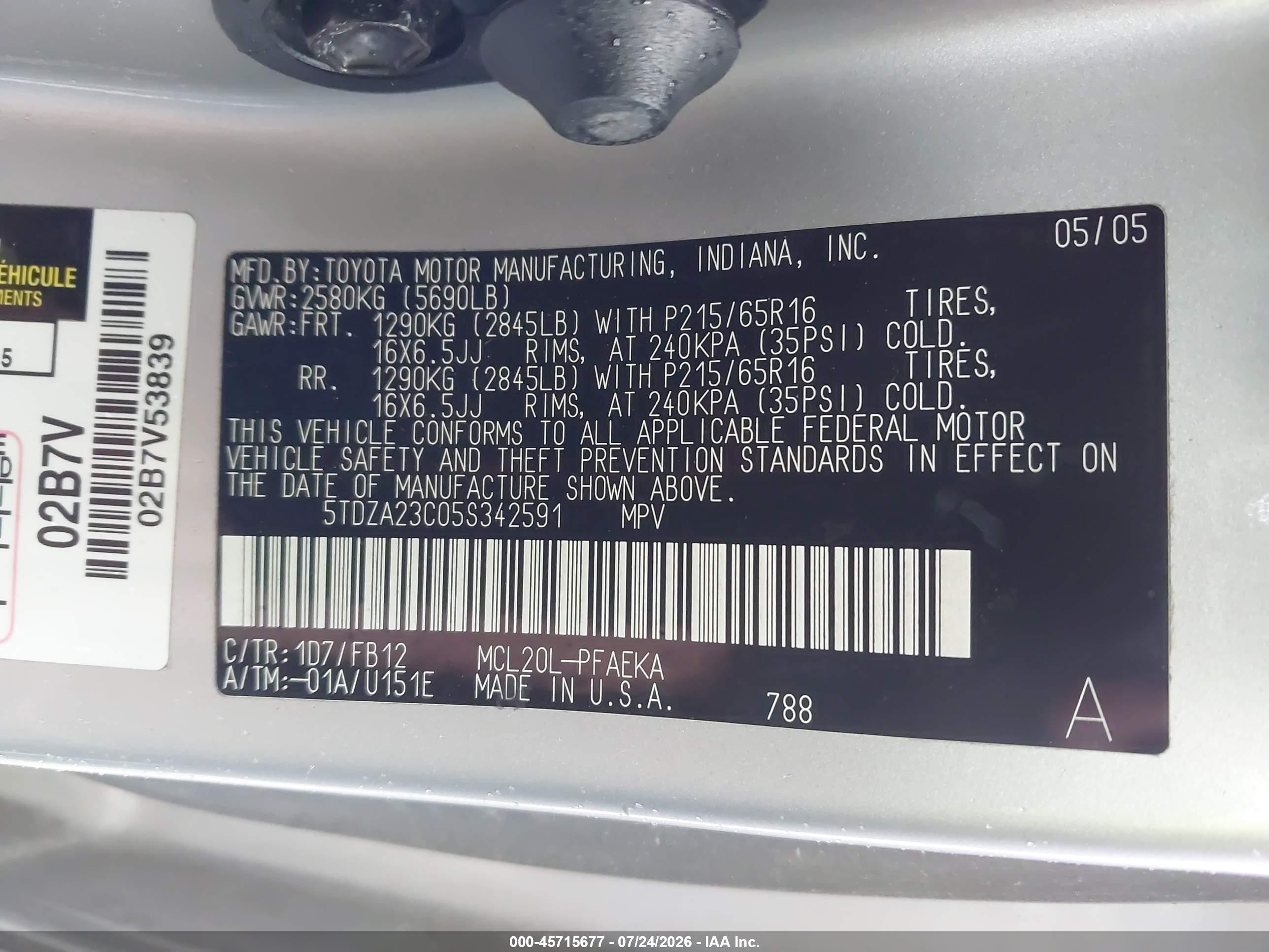 2005 Toyota Sienna Le Silver vin: 5TDZA23C05S342591