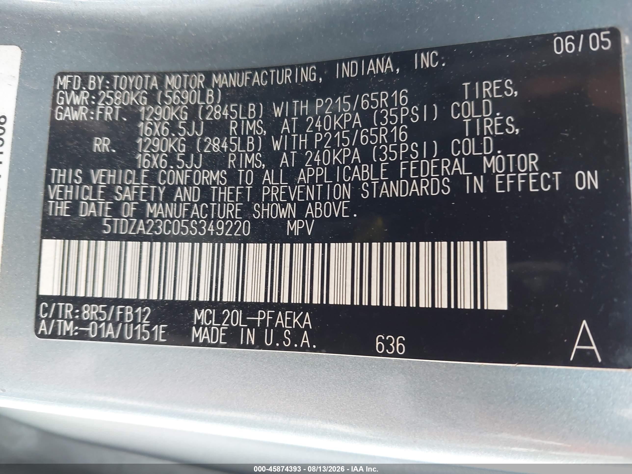 2005 Toyota Sienna Le Light Blue vin: 5TDZA23C05S349220