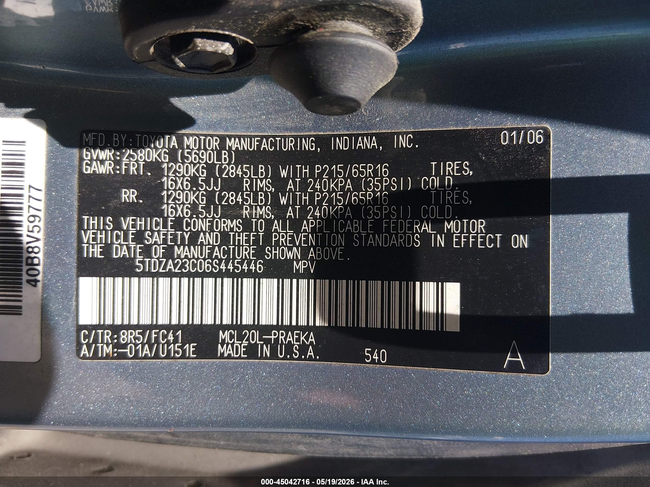 2006 Toyota Sienna Le Синий vin: 5TDZA23C06S445446