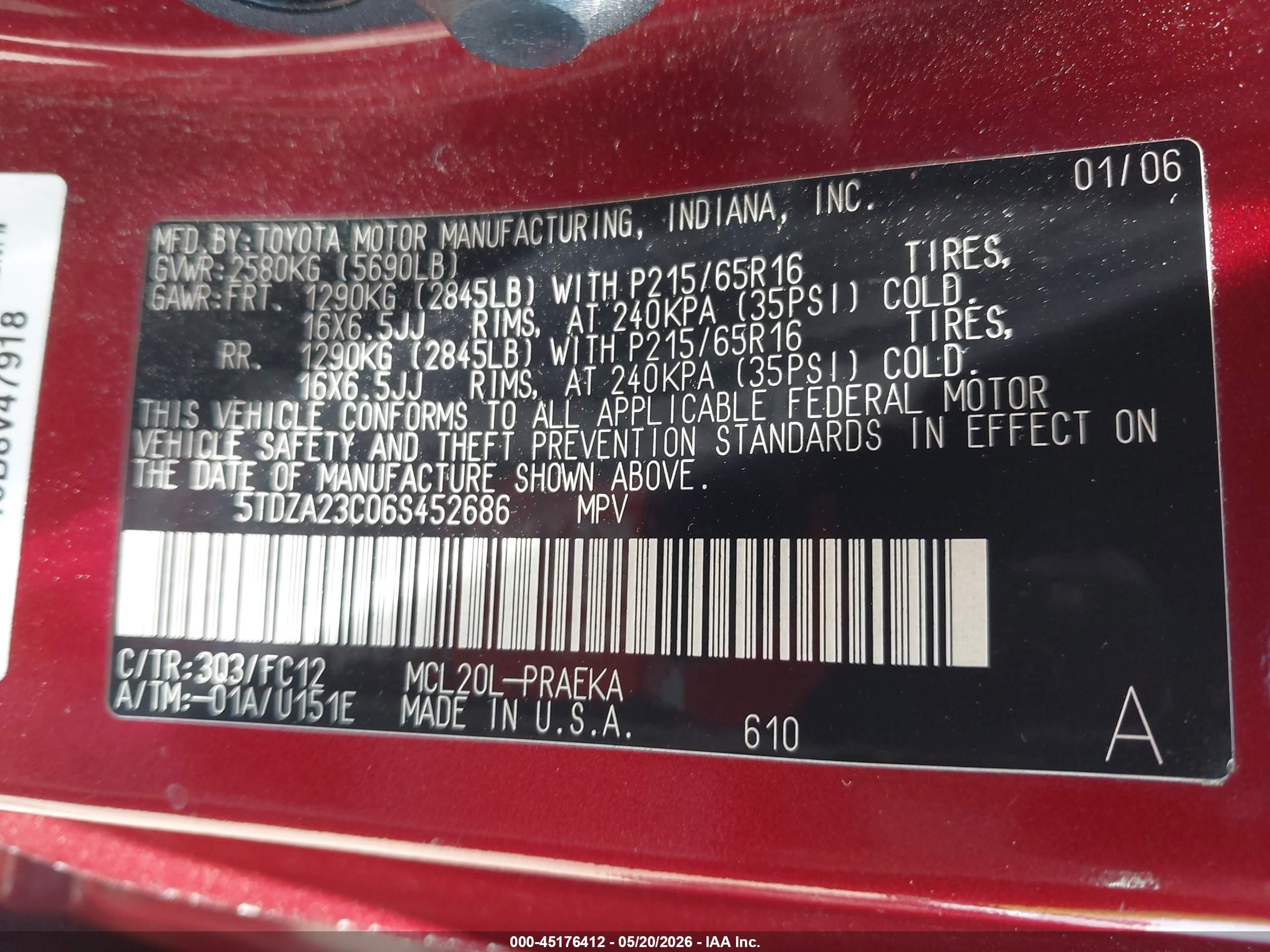 2006 Toyota Sienna Le Red vin: 5TDZA23C06S452686