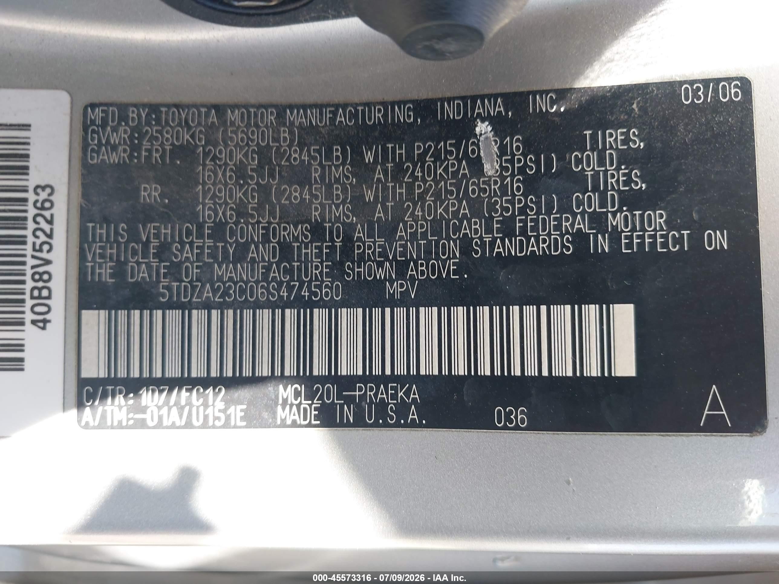 2006 Toyota Sienna Le Tan vin: 5TDZA23C06S474560