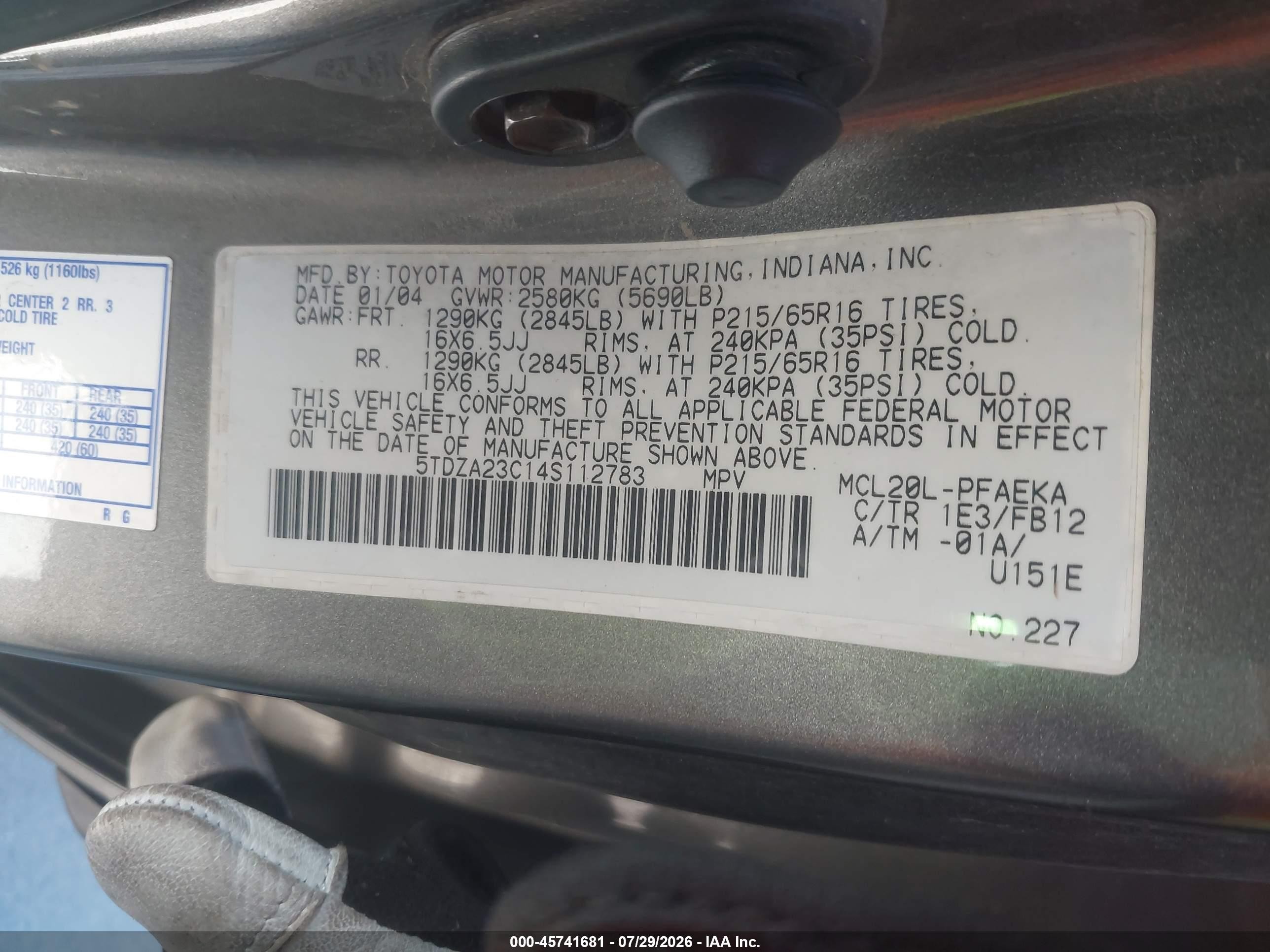 2004 Toyota Sienna Le Gray vin: 5TDZA23C14S112783