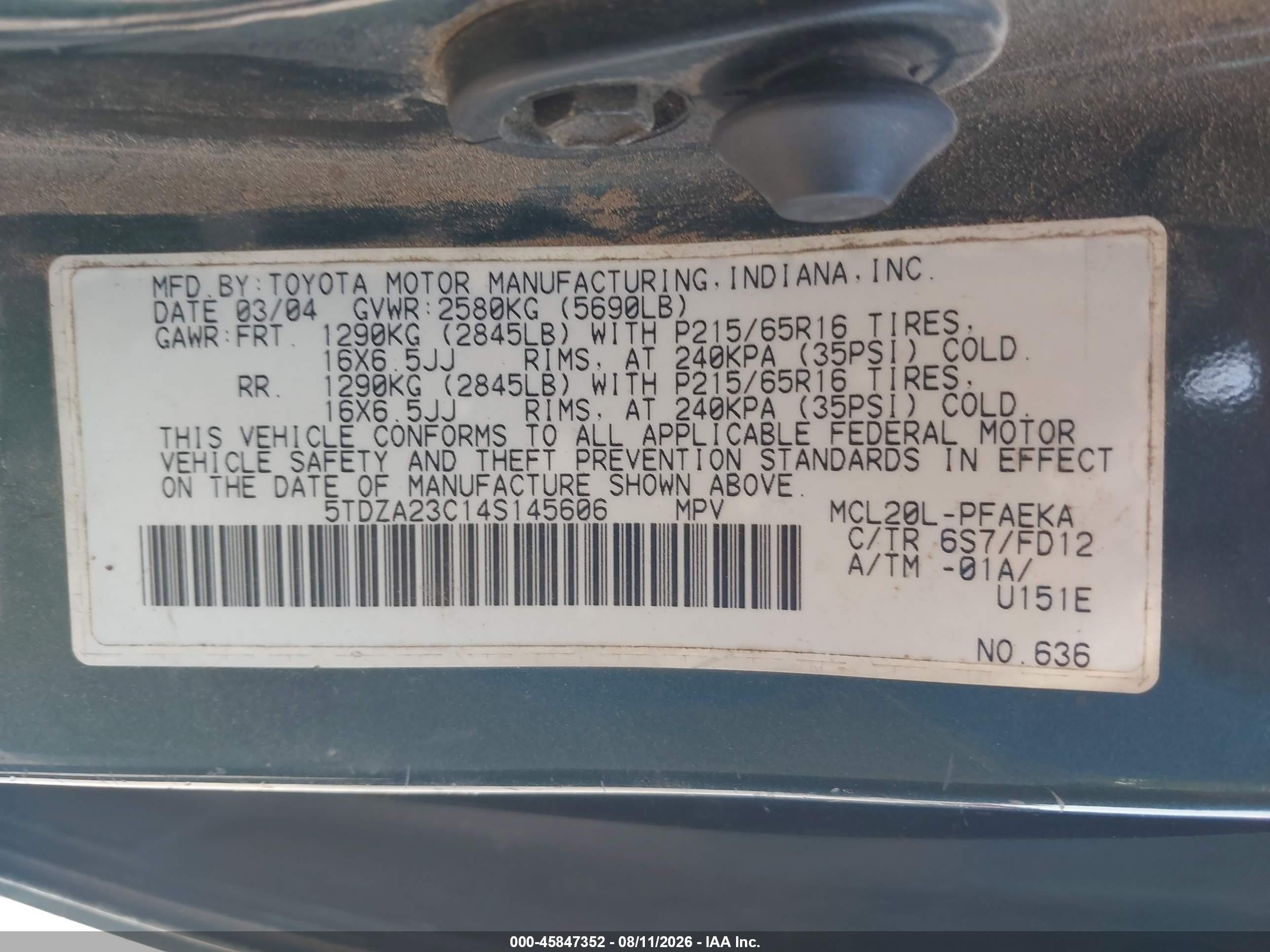 2004 Toyota Sienna Ce Green vin: 5TDZA23C14S145606