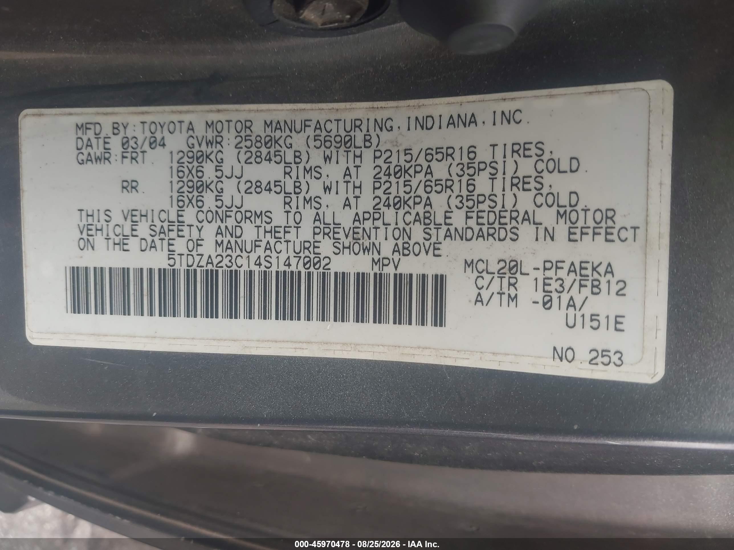 2004 Toyota Sienna Le Gray vin: 5TDZA23C14S147002