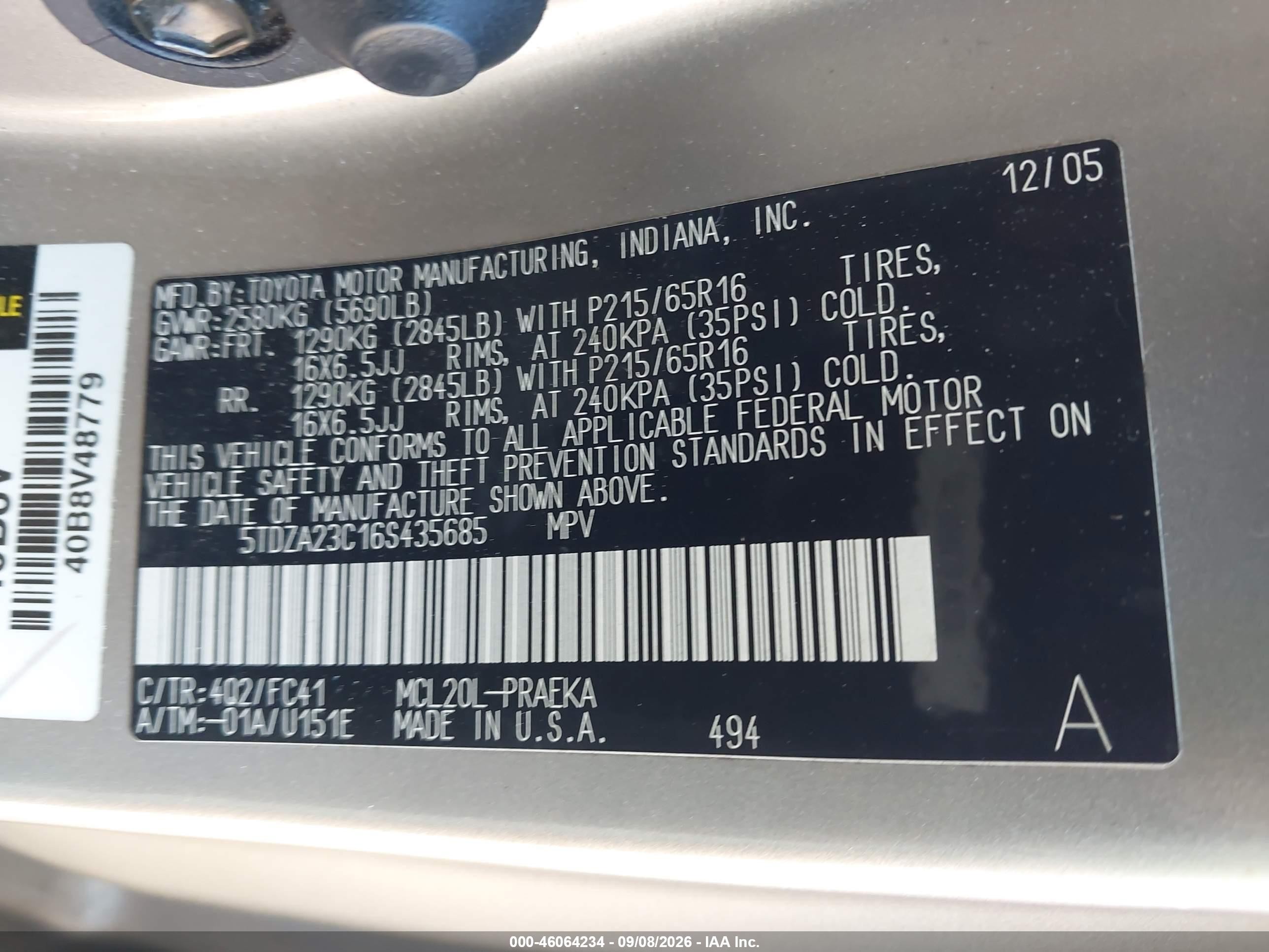 2006 Toyota Sienna Le Gold vin: 5TDZA23C16S435685