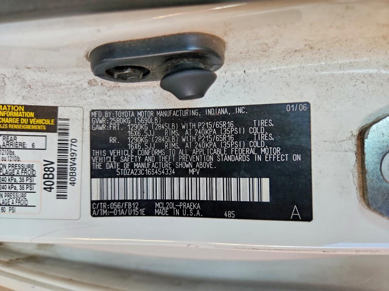 2006 Toyota Sienna Ce 8 Passenger White vin: 5TDZA23C16S454334