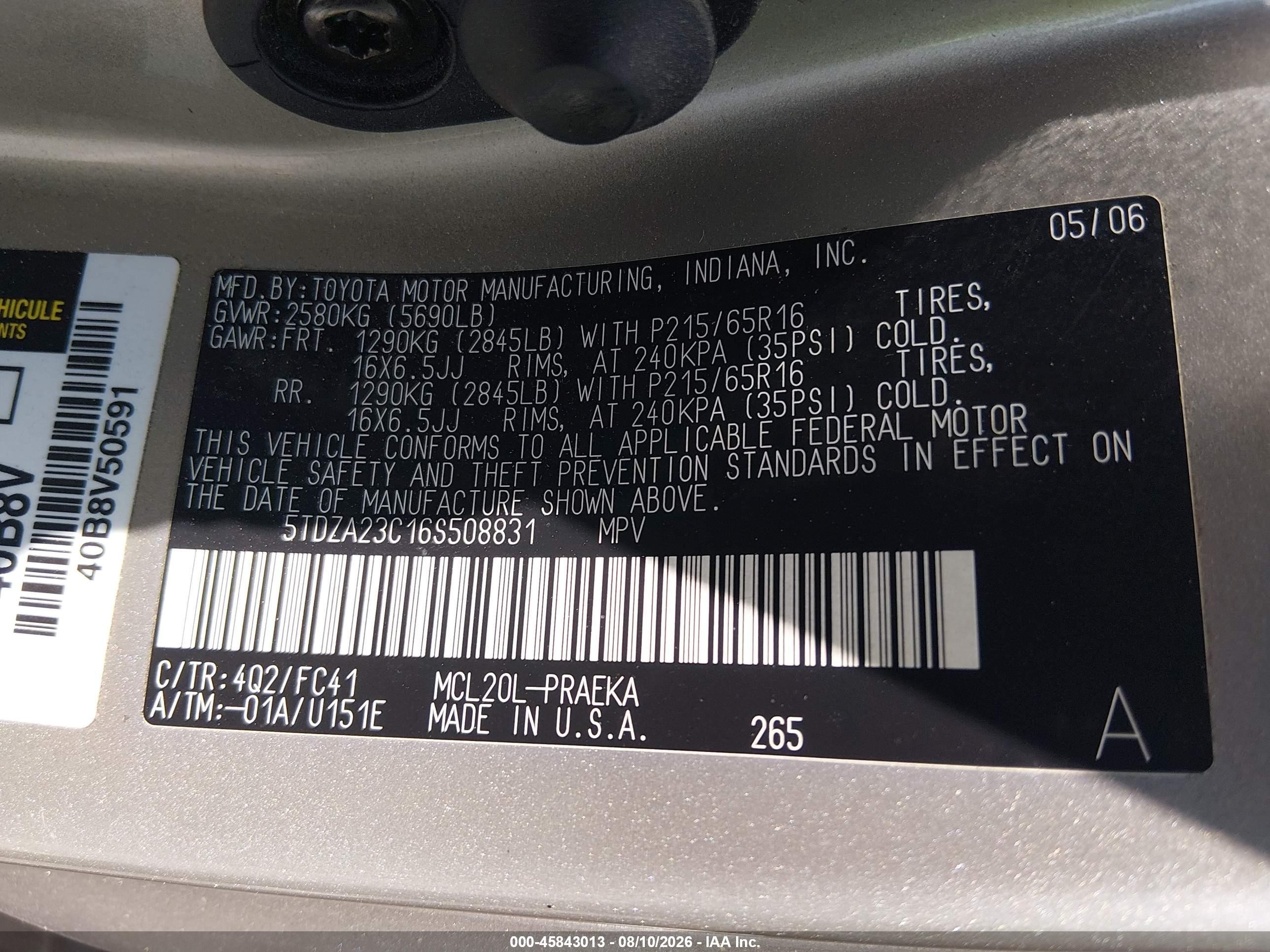 2006 Toyota Sienna Le Beige vin: 5TDZA23C16S508831