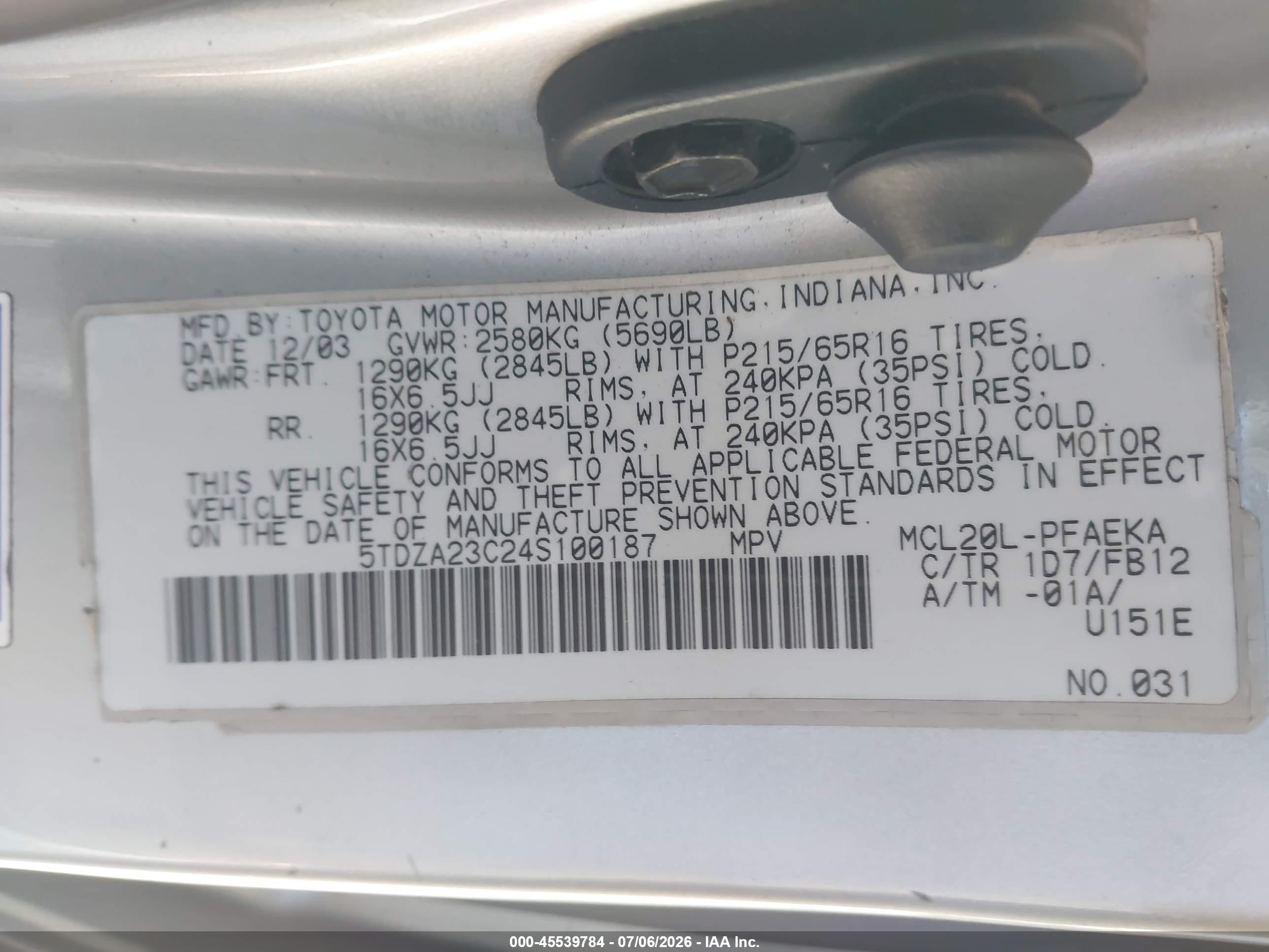 2004 Toyota Sienna Le Серебряный vin: 5TDZA23C24S100187