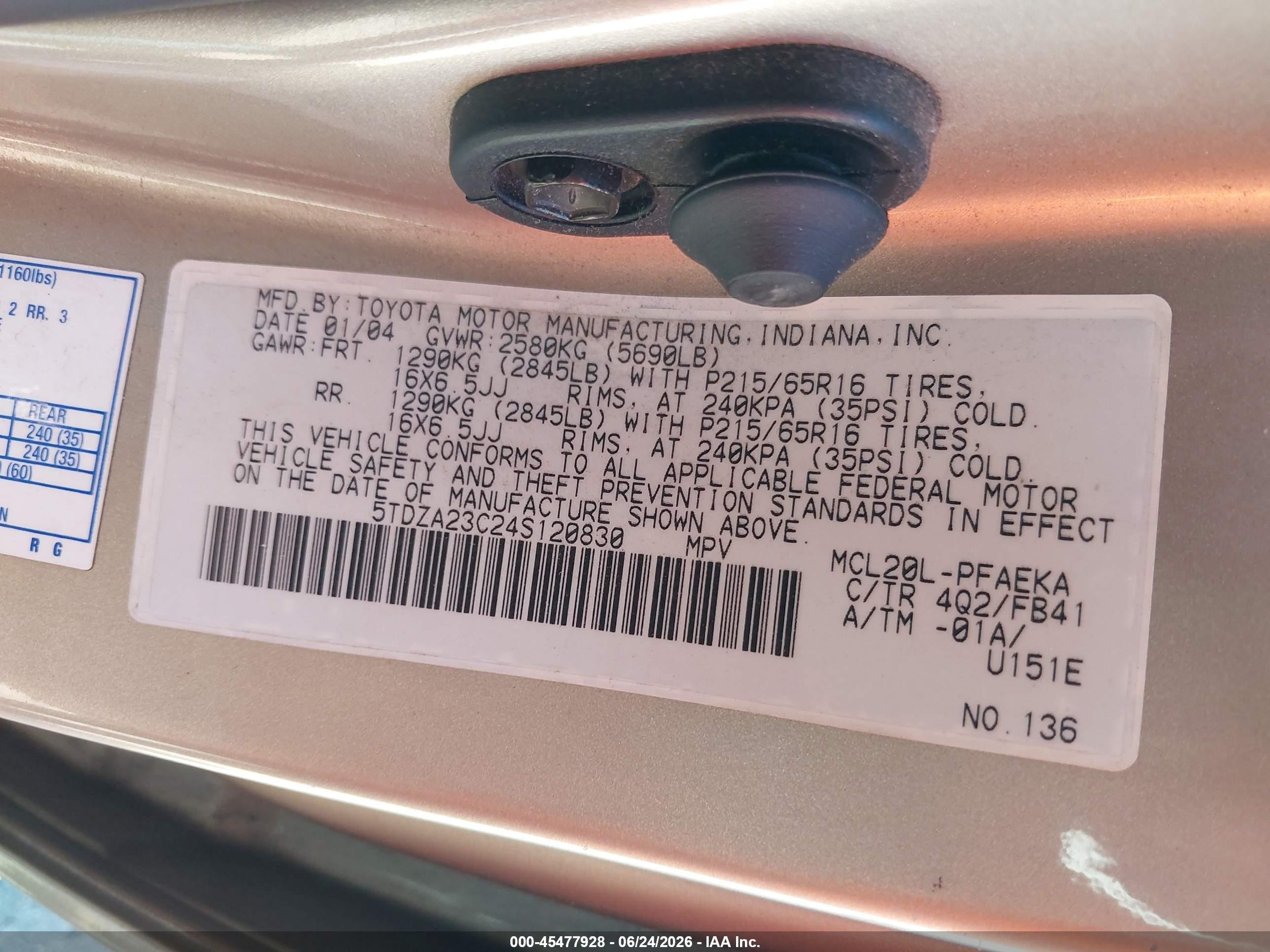 2004 Toyota Sienna Le Gold vin: 5TDZA23C24S120830