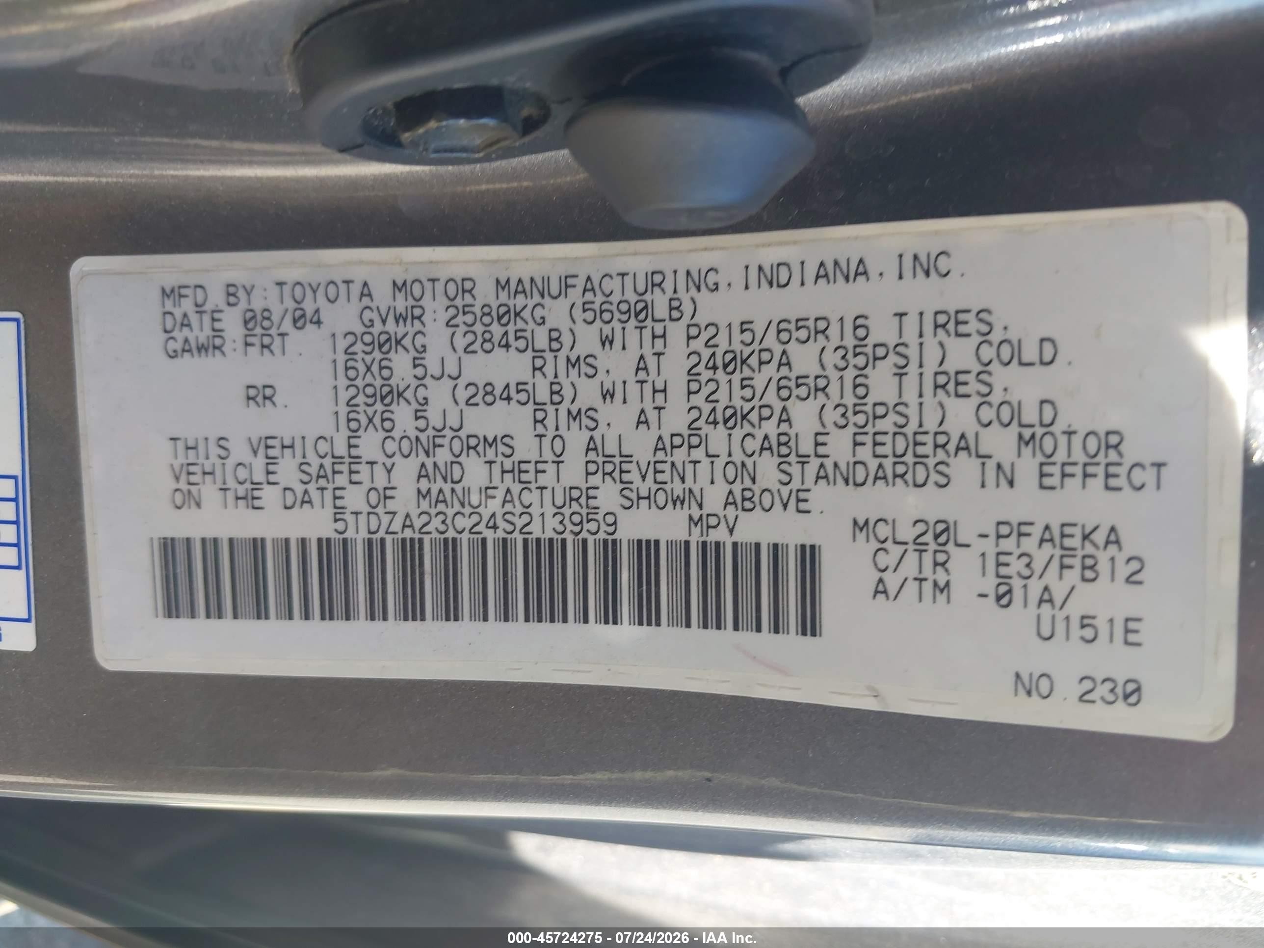 2004 Toyota Sienna Le Gray vin: 5TDZA23C24S213959