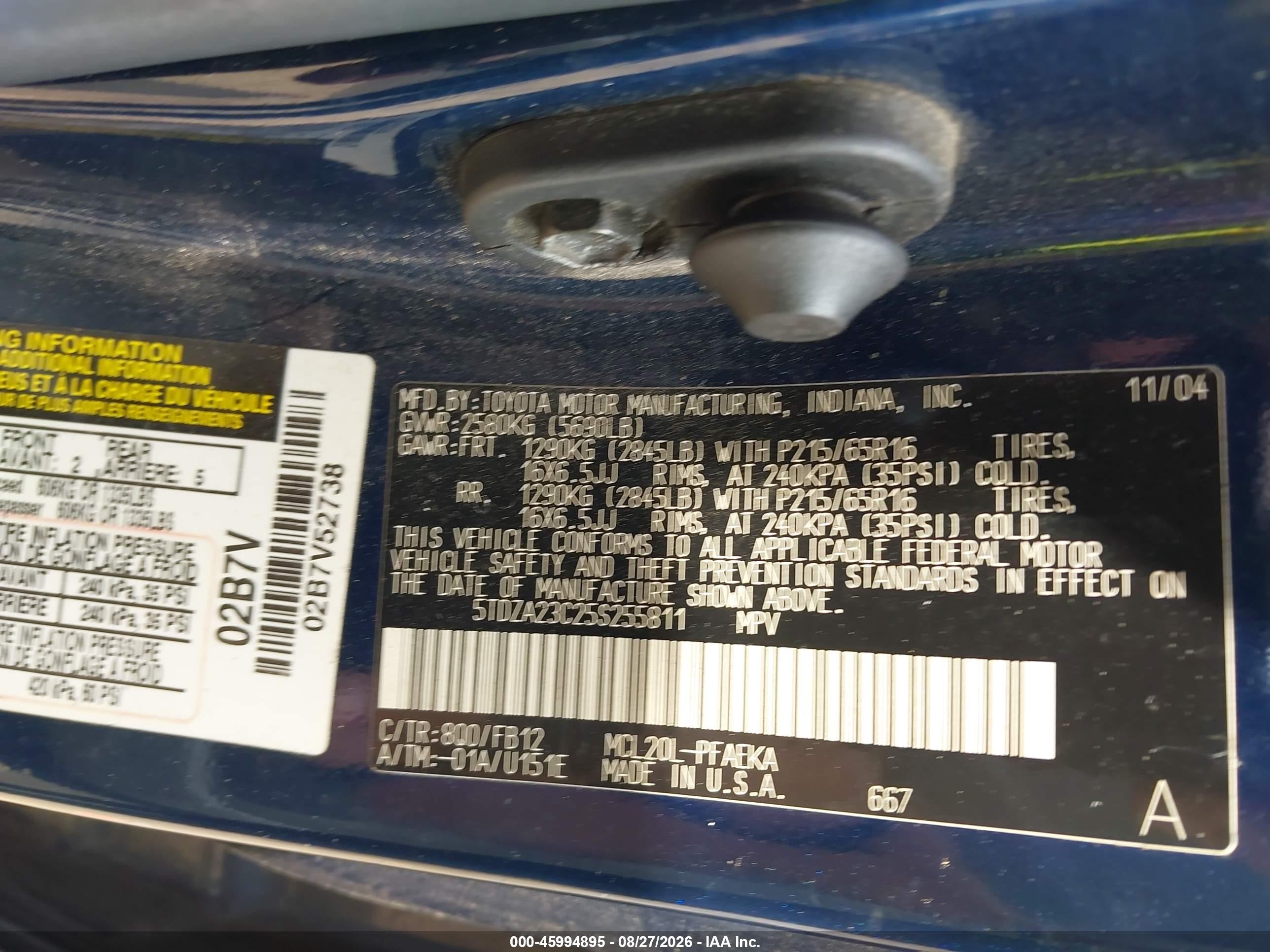 2005 Toyota Sienna Le Blue vin: 5TDZA23C25S255811
