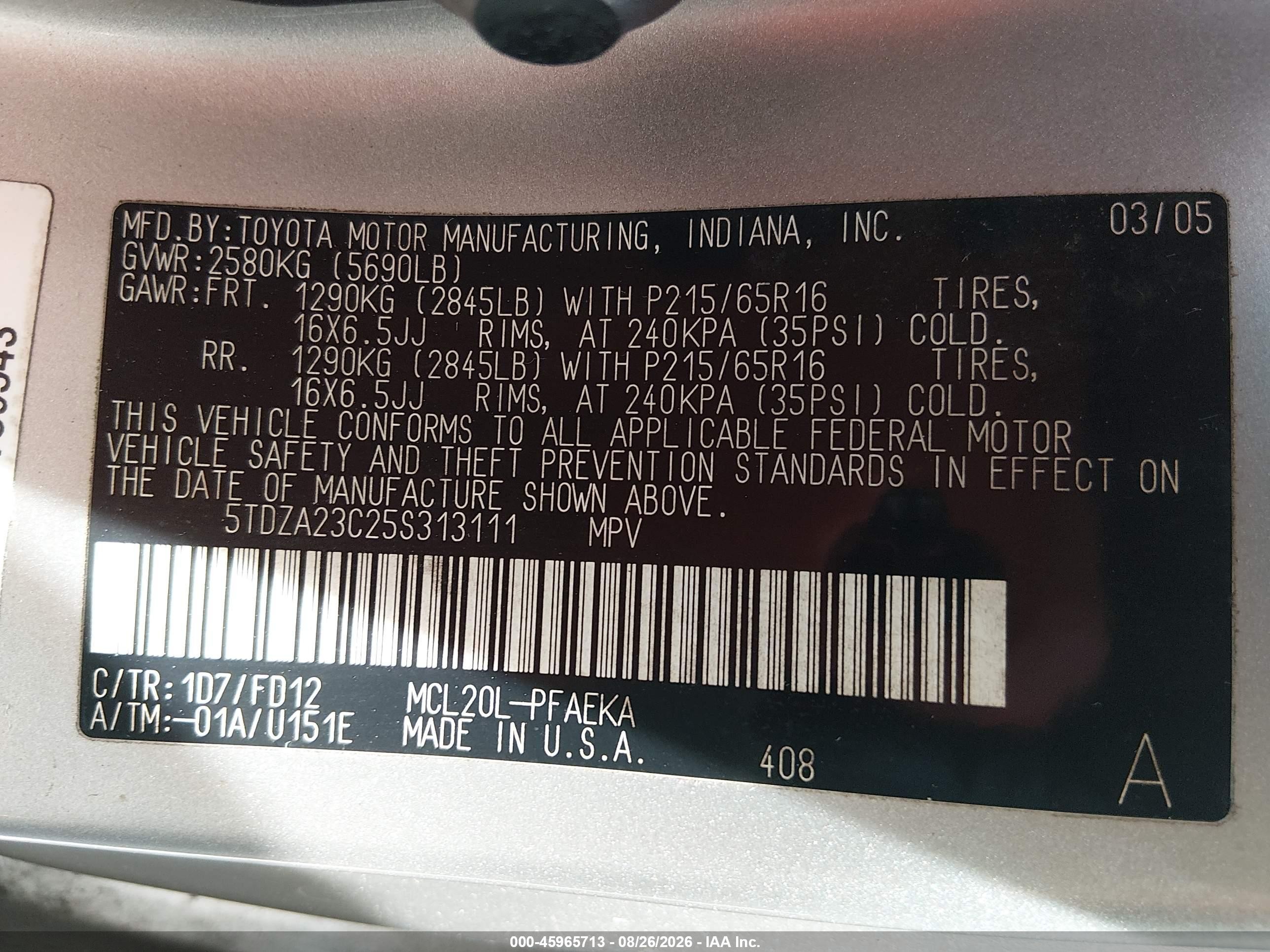 2005 Toyota Sienna Ce Silver vin: 5TDZA23C25S313111
