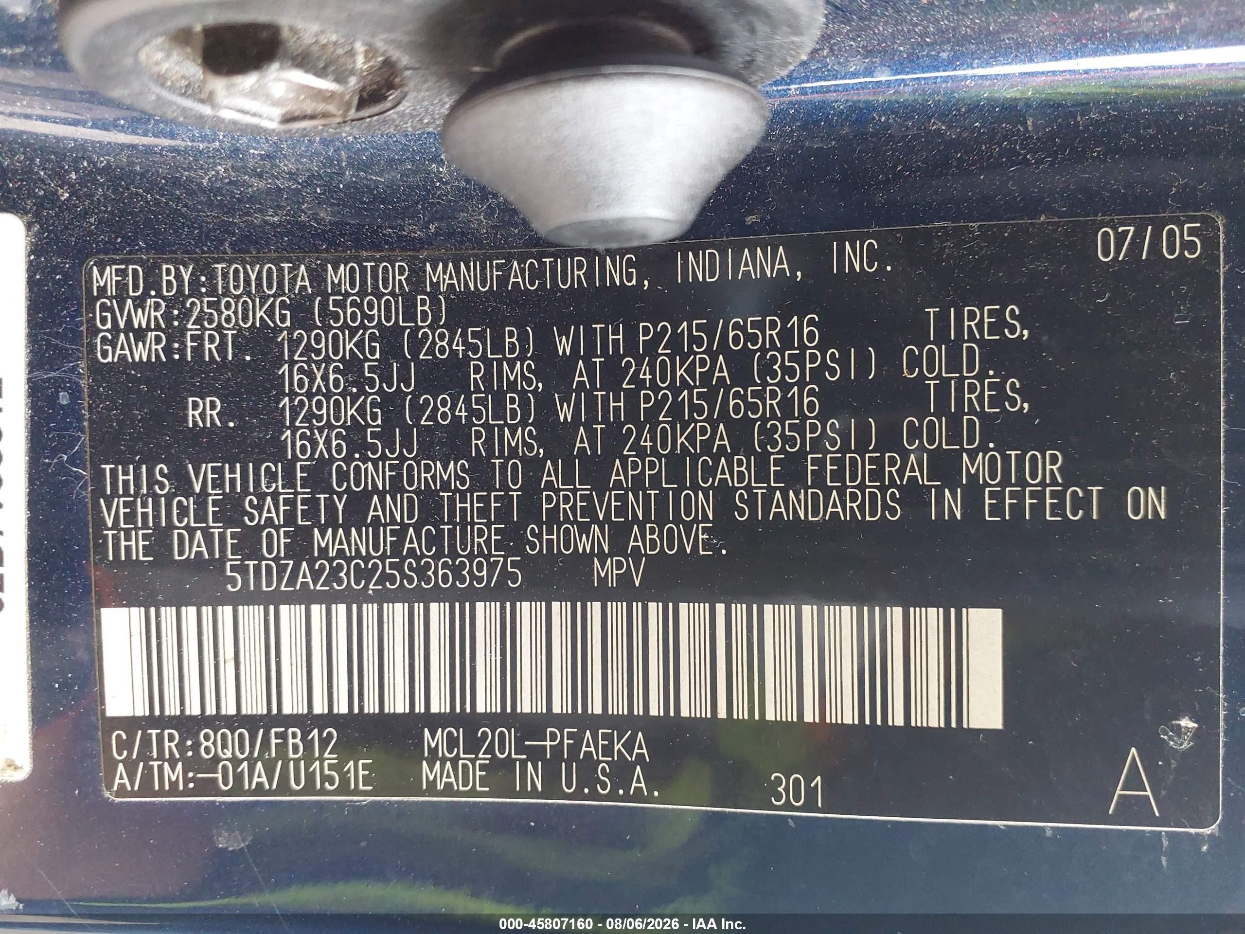 2005 Toyota Sienna Le Blue vin: 5TDZA23C25S363975