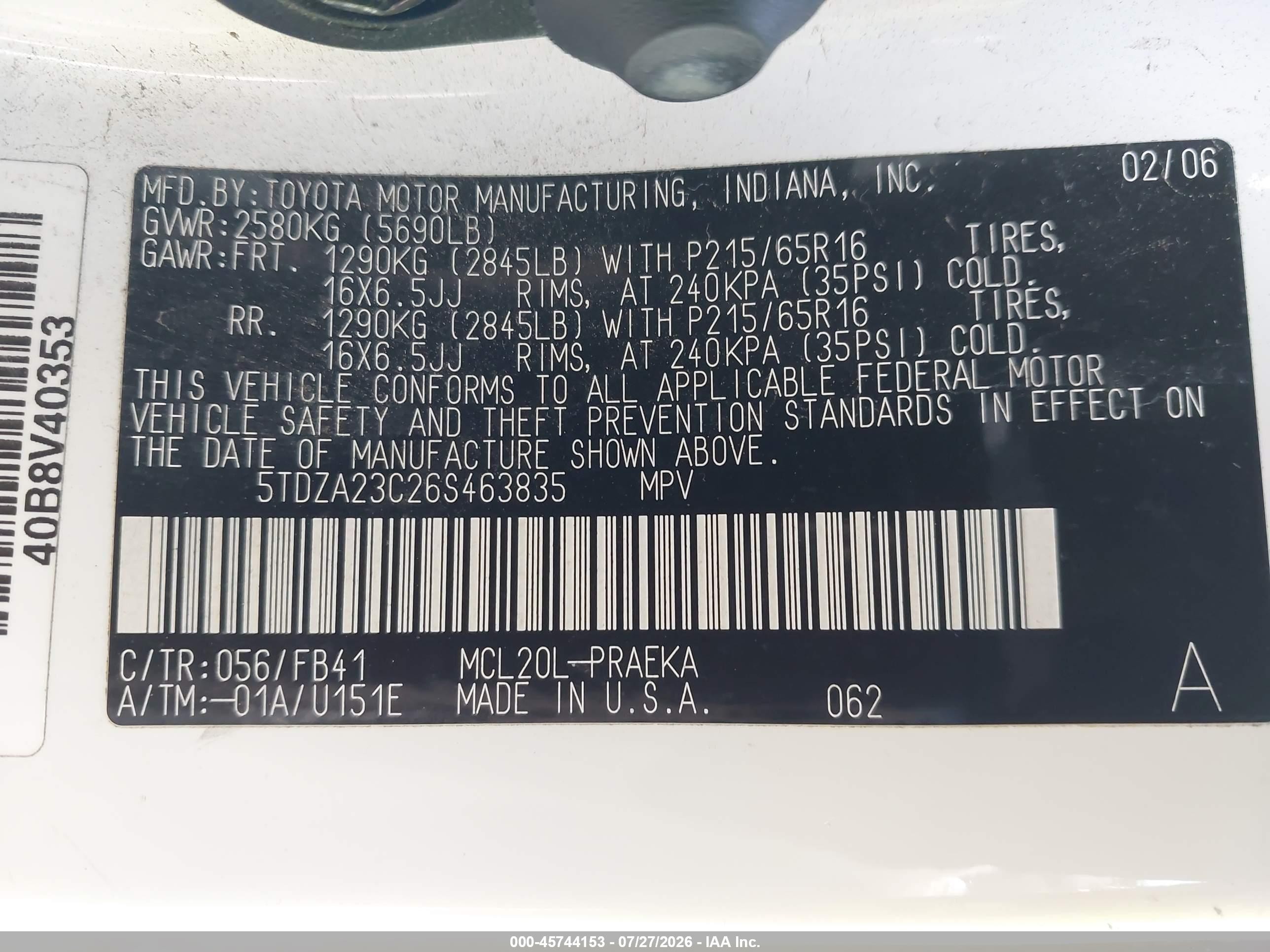 2006 Toyota Sienna Ce White vin: 5TDZA23C26S463835