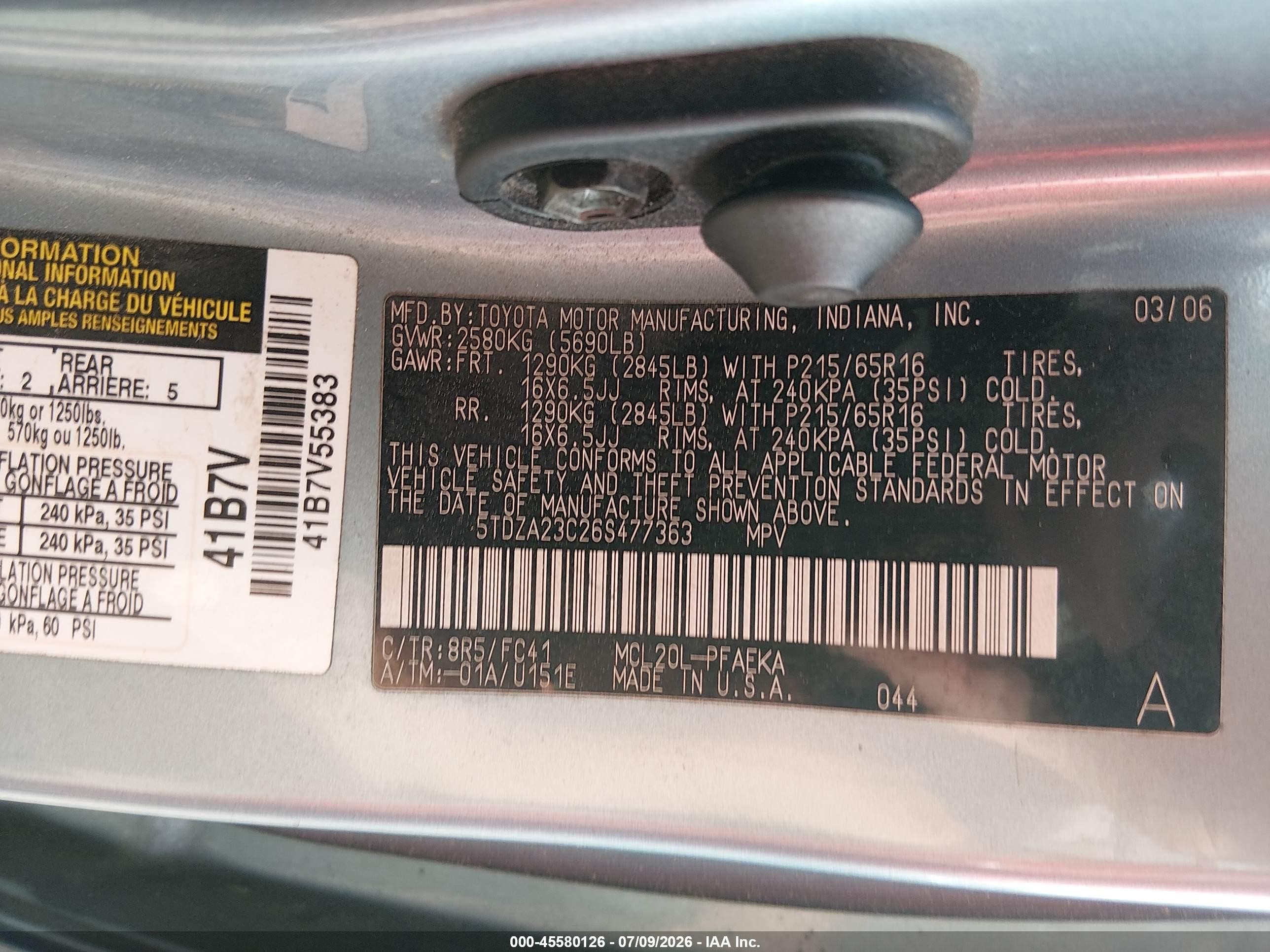 2006 Toyota Sienna Le Синий vin: 5TDZA23C26S477363