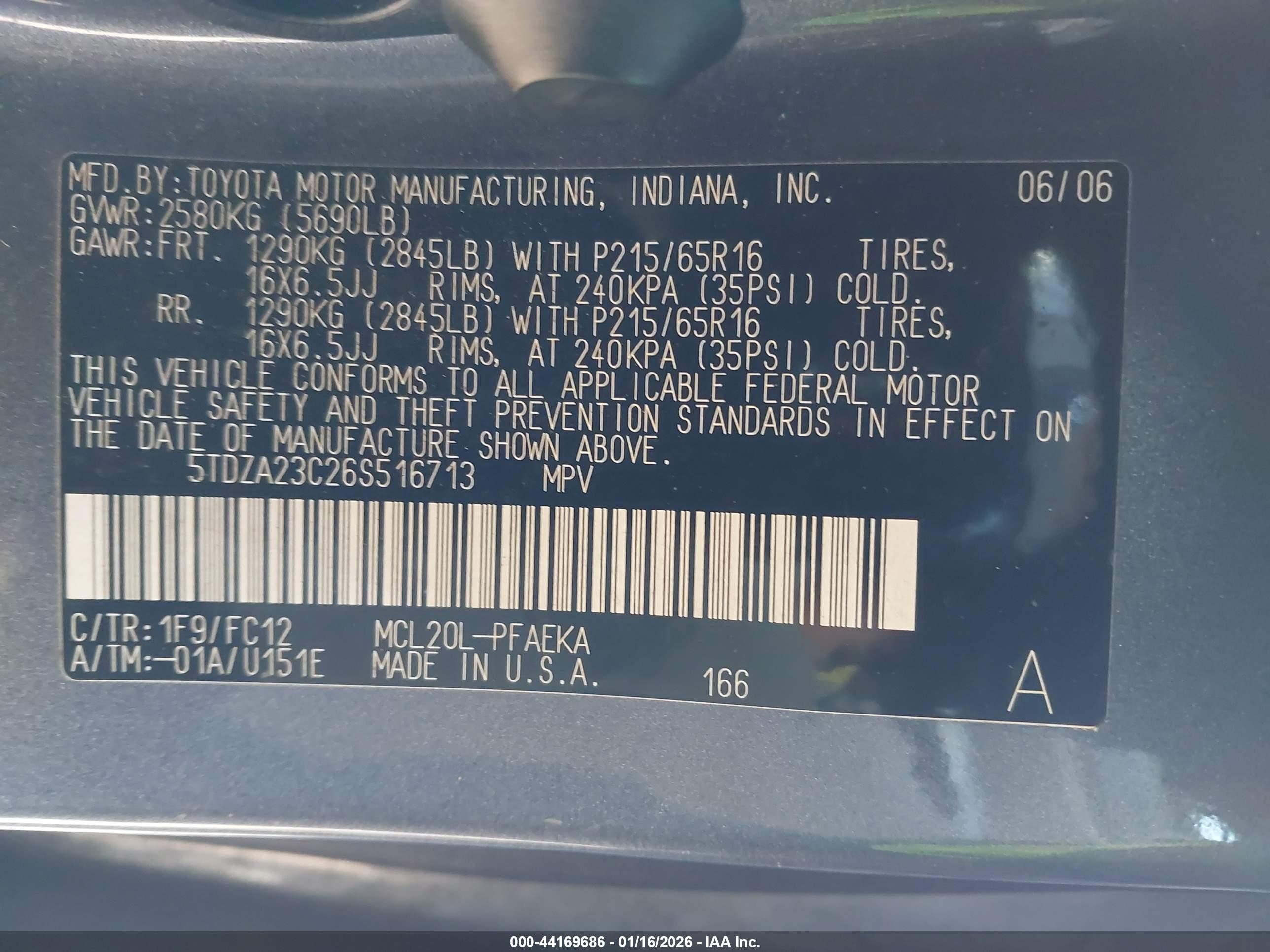 2006 Toyota Sienna Le Gray vin: 5TDZA23C26S516713