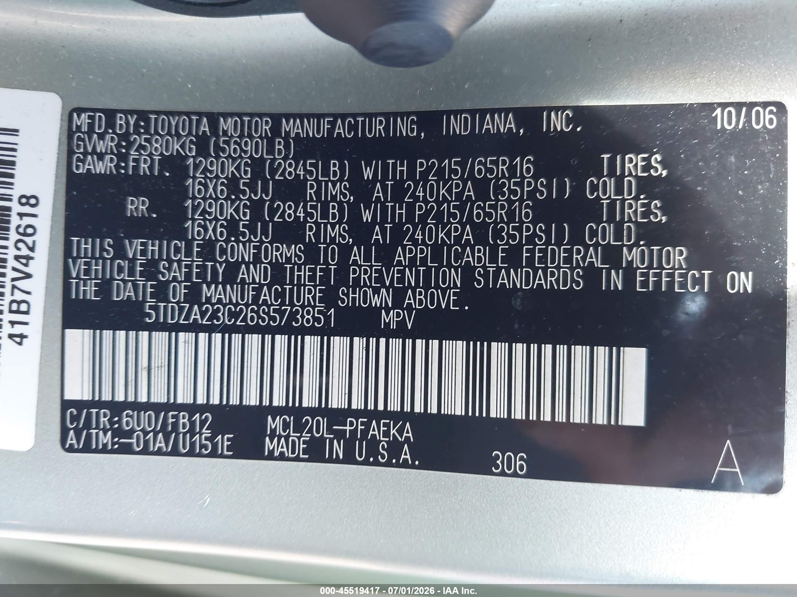 2006 Toyota Sienna Le Green vin: 5TDZA23C26S573851