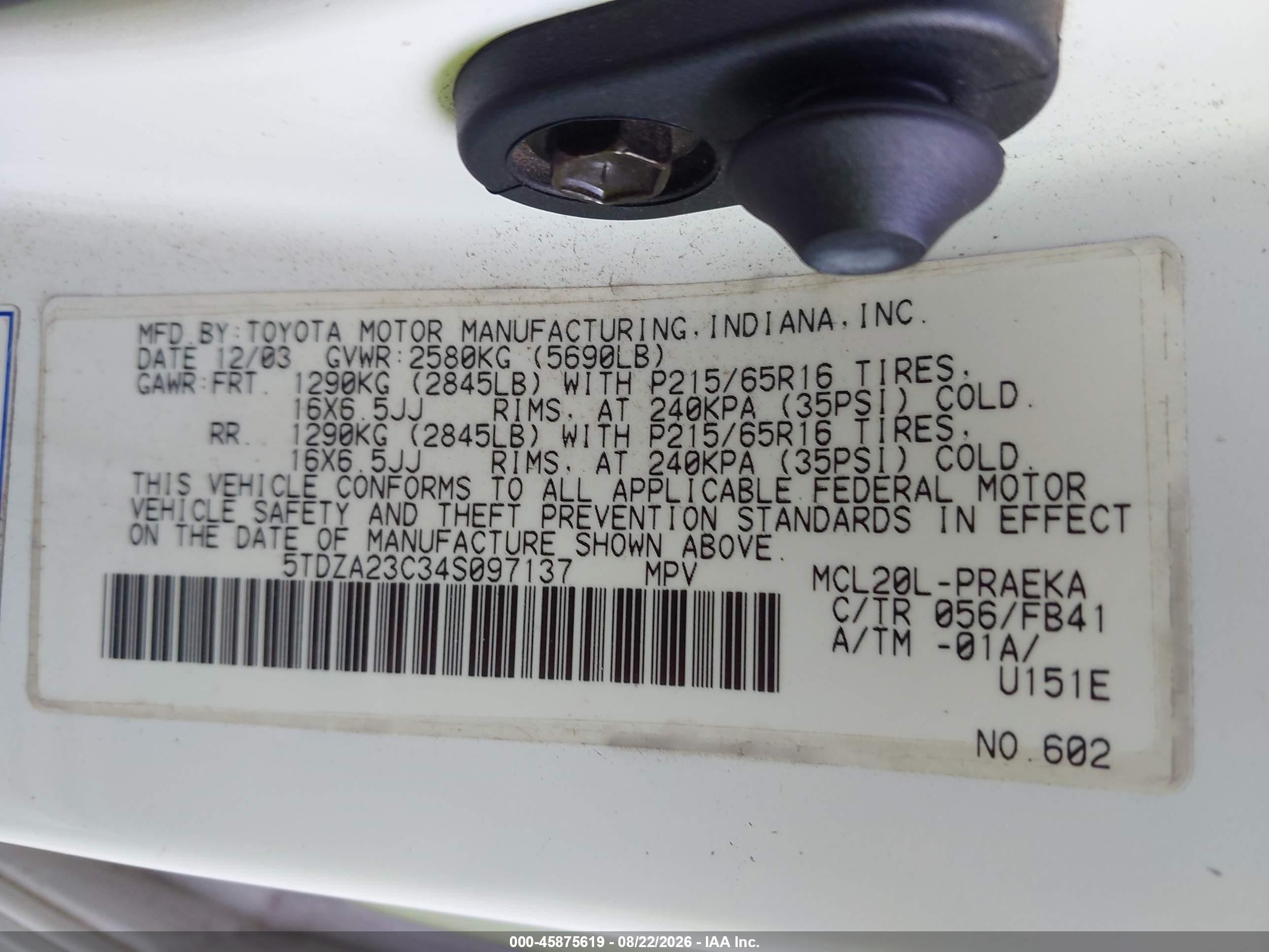 2004 Toyota Sienna Le White vin: 5TDZA23C34S097137