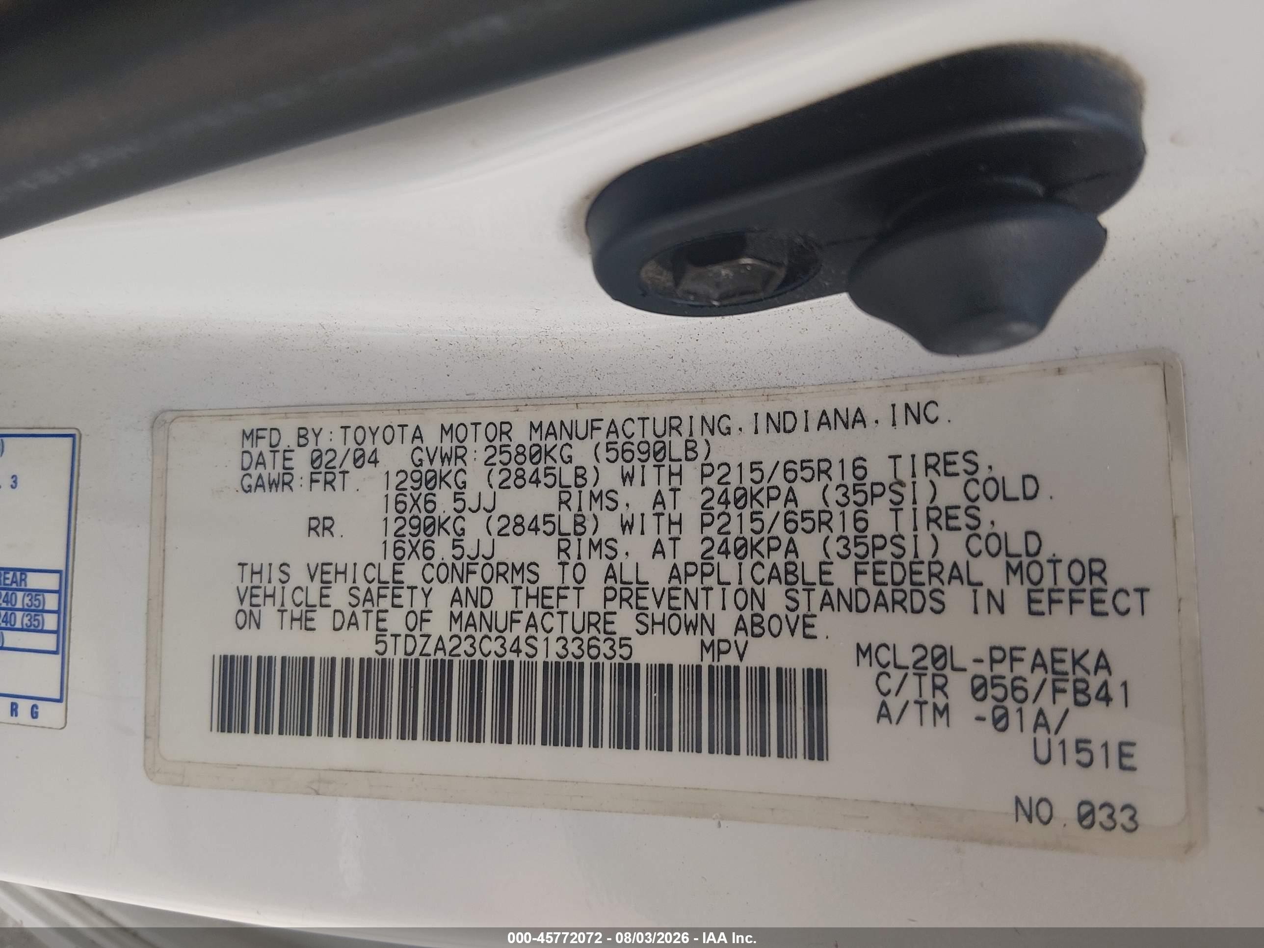 2004 Toyota Sienna Le White vin: 5TDZA23C34S133635
