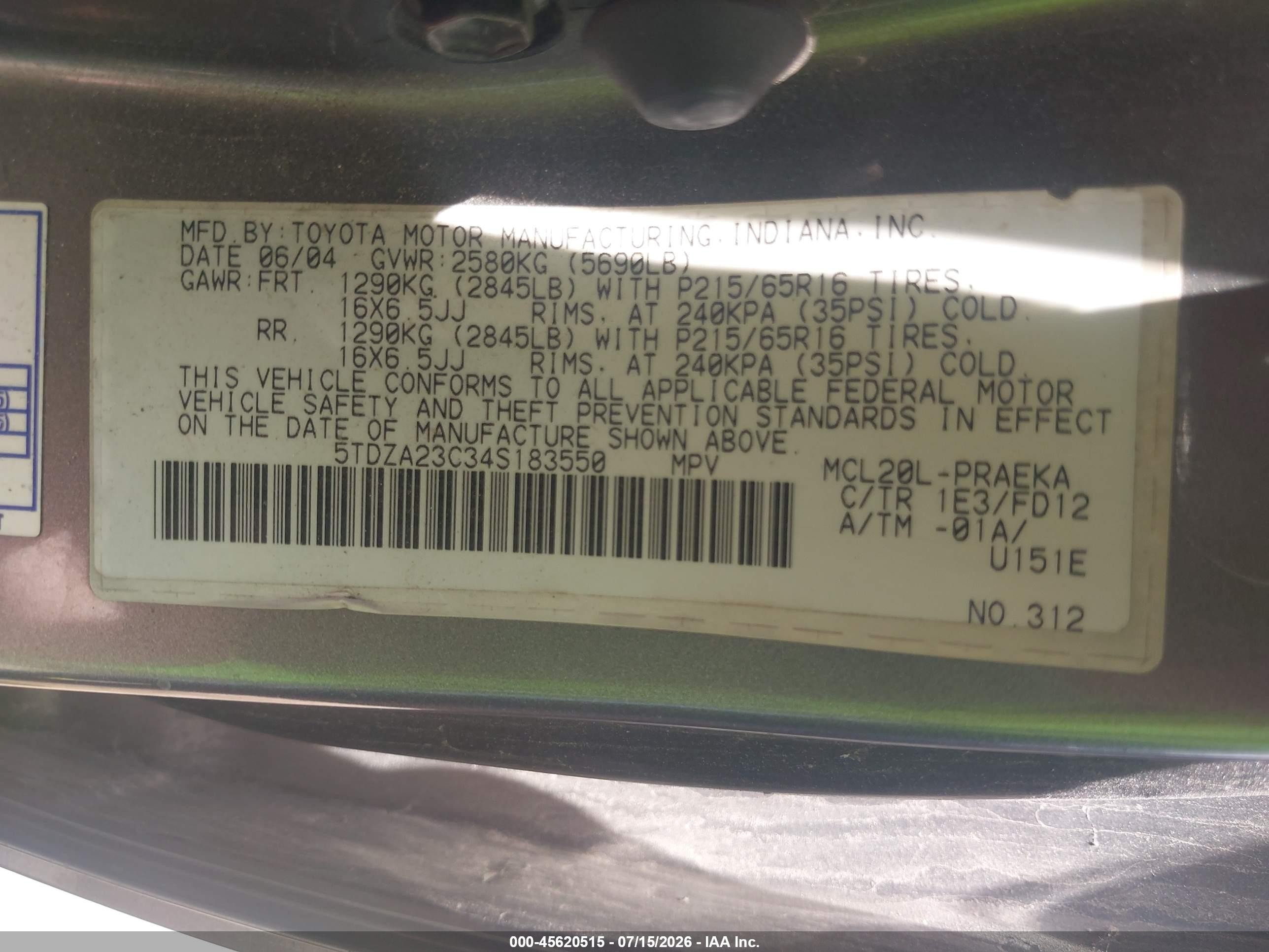 2004 Toyota Sienna Ce Gray vin: 5TDZA23C34S183550
