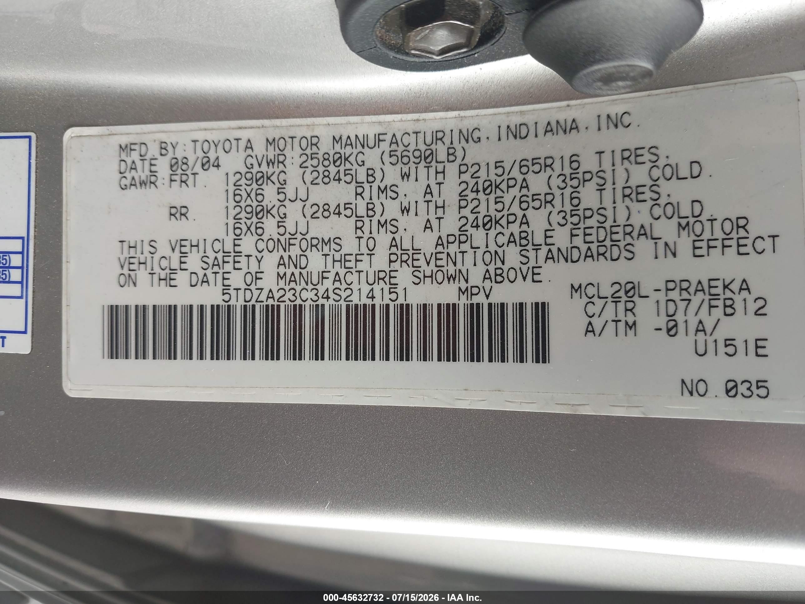 2004 Toyota Sienna Le Silver vin: 5TDZA23C34S214151