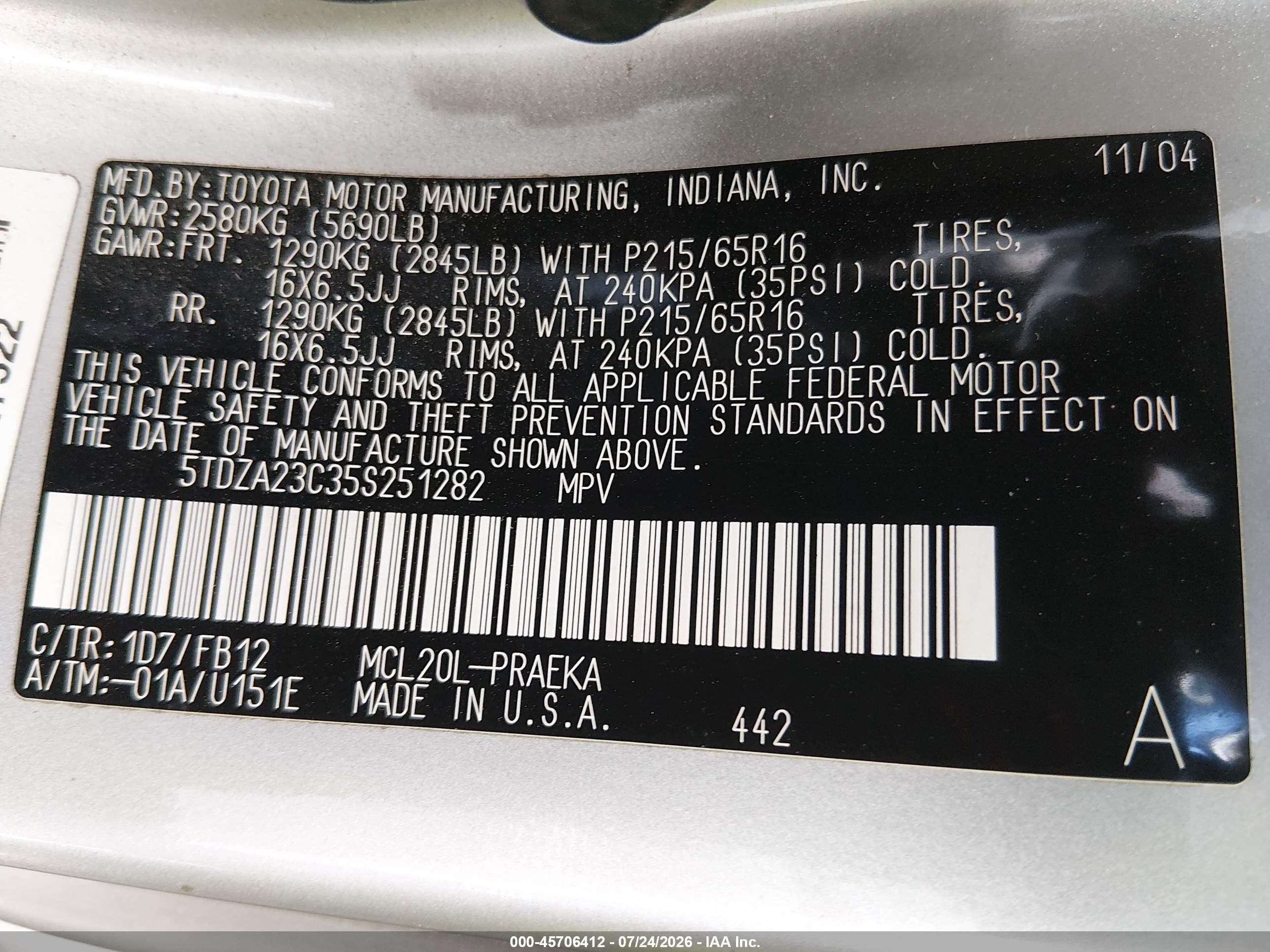 2005 Toyota Sienna Le Gray vin: 5TDZA23C35S251282